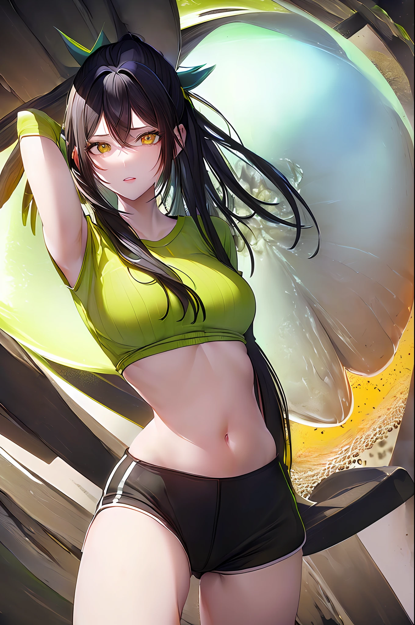 ((Master Piegze, Best Quality)), 1 Gal,,, Midriff, Navel, Firm, Green Hair, Long Hair, Hair Between Eyes, Yellow Eyes, T-Shirt, White Shirt, Black Thighs, Short Sleeves, White Socks, Gym, Cowboy Shots,