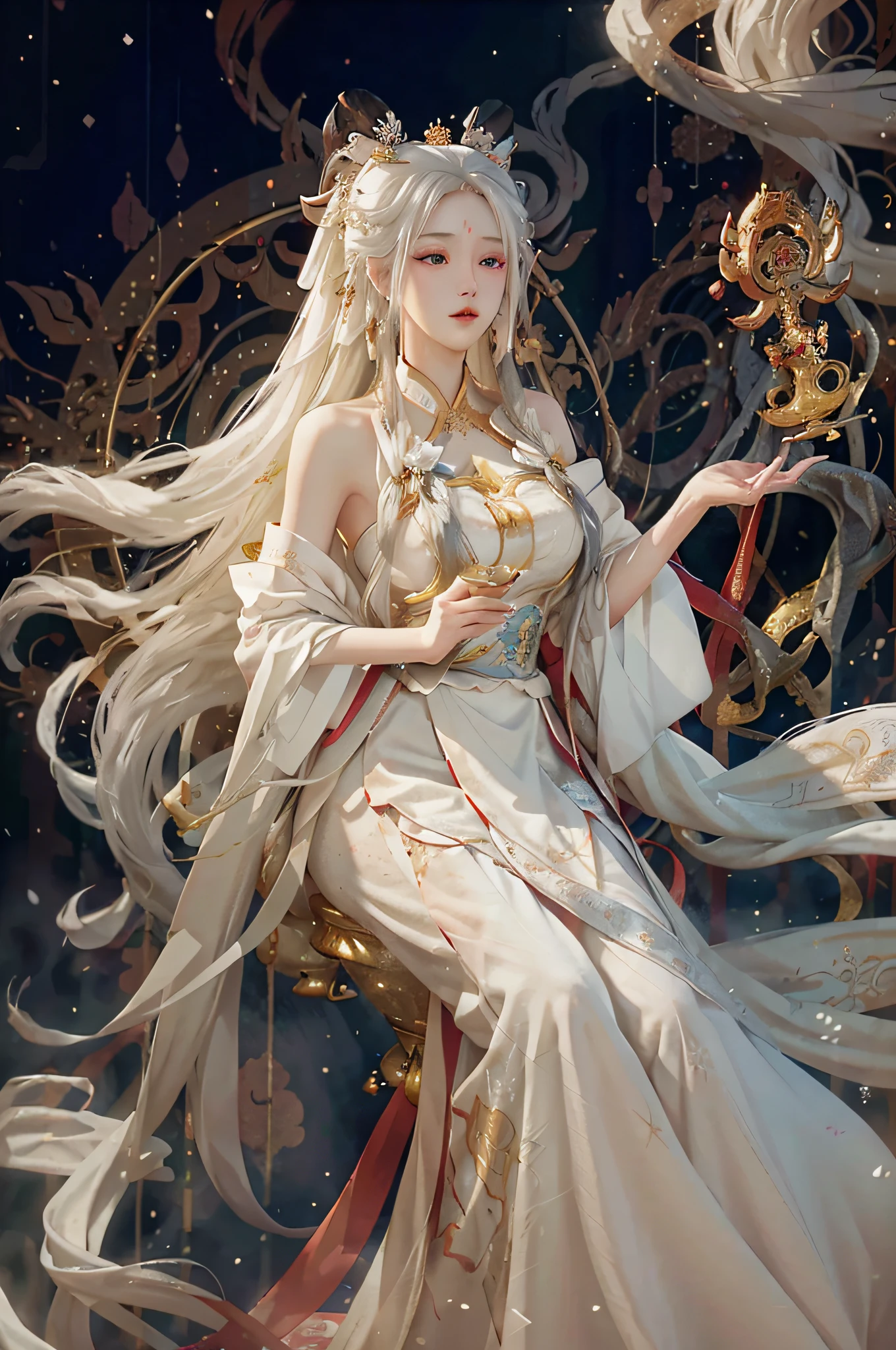 a close up of a woman with long hair and a white dress, white haired deity, beautiful character painting, flowing hair and long robes, by Yang J, with white long hair, with long white hair, guweiz, artwork in the style of guweiz, the piercing stare of yuki onna, anime character, by Zeng Jing