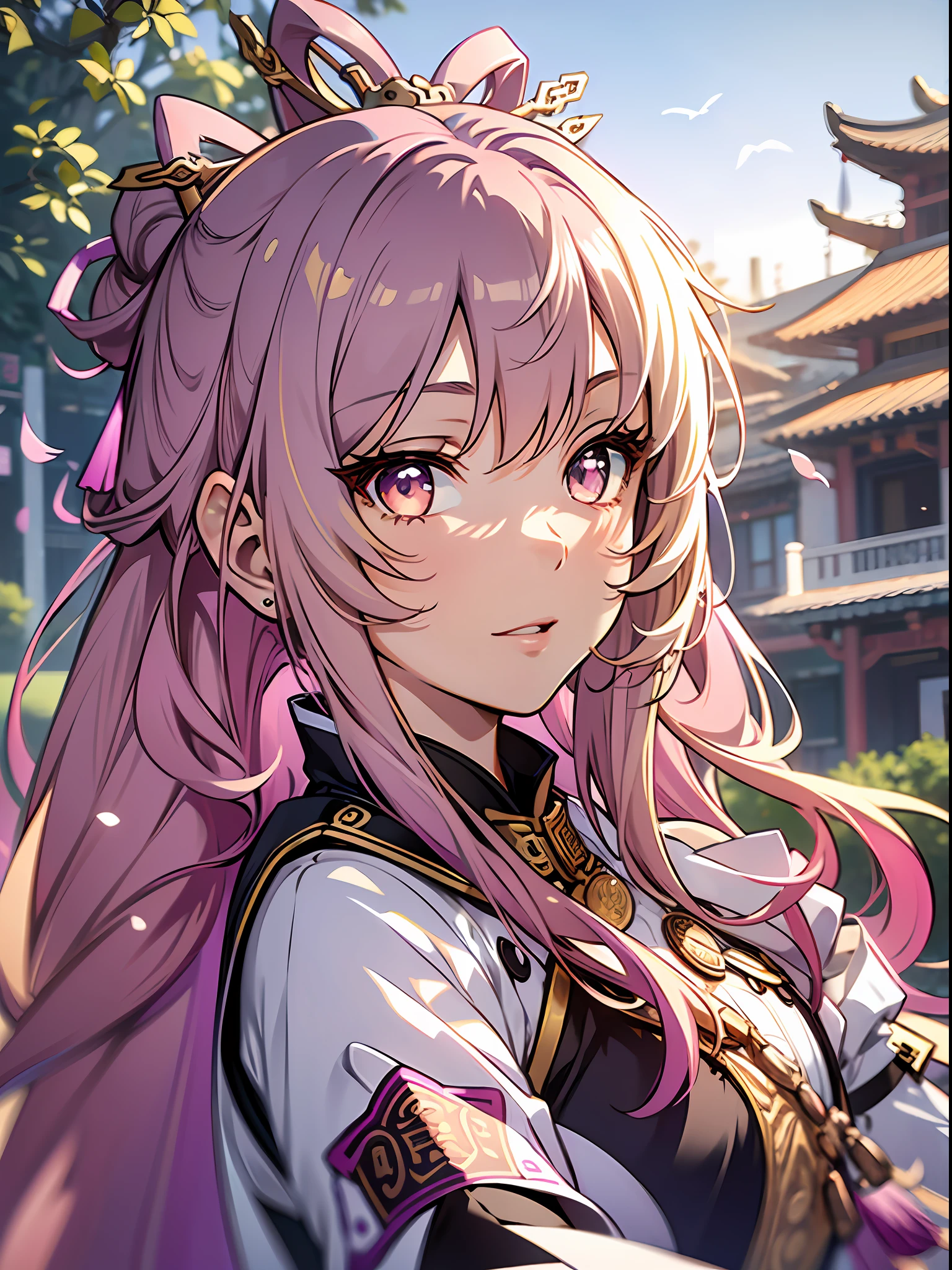 (Illustration style, exquisite masterpiece, best picture quality), a 14-year-old anime girl wearing a Chinese Tang Dynasty court costume, pink purple hair in a bun, fluttering hem, golden hair ornament, light blonde eyes and small, dynamic posture, picture in line with the golden ratio, large aperture portrait, white space, strong light and shadow contrast), bright tone, dignified elegance, dusk slanting sun, background bokeh, classical style, white and pink as the main tone, Sony master lens, large area of white space