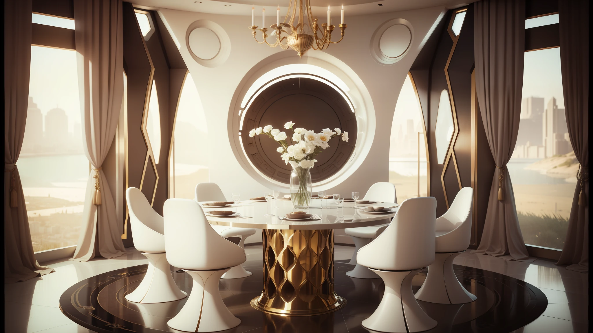 there is a round table with chairs and a vase of flowers, futuristic persian palace, futuristic interior, futuristic decor, retro futuristic apartment, futuristic decoration, futurism aesthetic, sci - fi interior, futuristic casino, futuristic furniture, unreal engine render saint seiya, high tech space ship interior, rendered in lumion pro, cgsociety 9, spaceship interior, solarpunk cantine --auto --s2