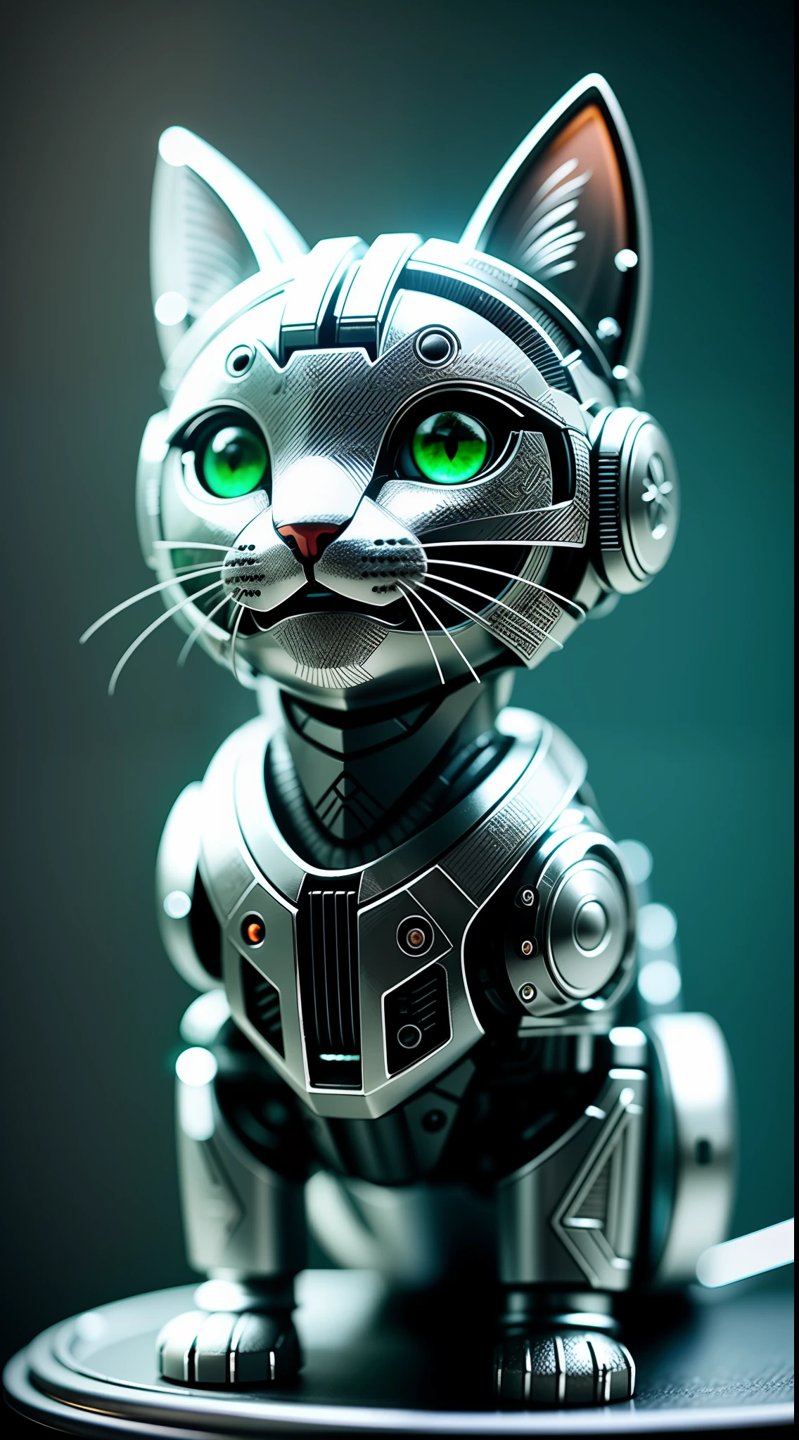 A cute kitten made of metal, (cyborg:1.1), ([tail|detailed wire]:1.3), (intricate detail), hdr, (intricate detail, hyperdetailed:1.2), cine footage, halo shadow, centered