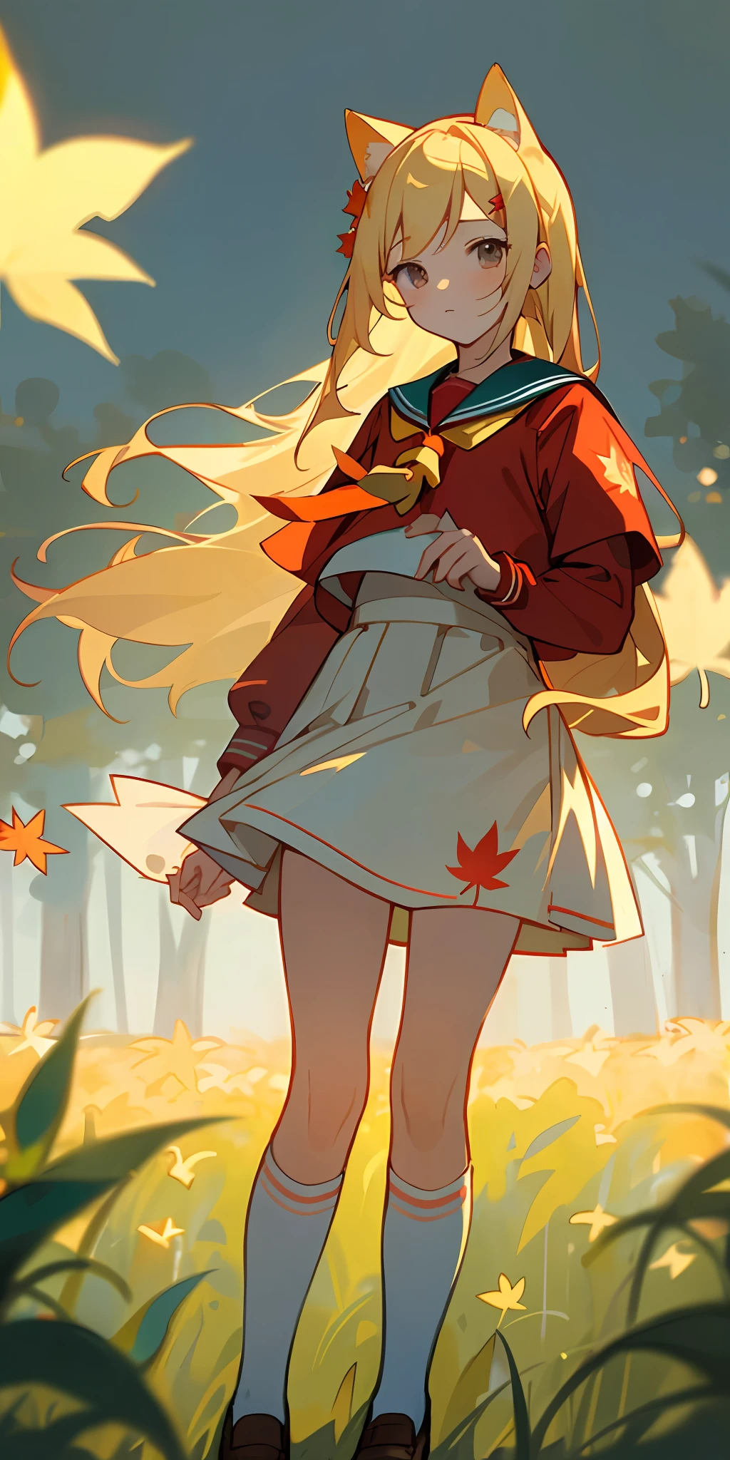 (Masterpiece, best quality), 1 long blonde girl standing in a field of greenery and flowers, hands behind her, warm lights, red sailor suit, blurred foreground, maple leaf hairpin, blonde eyes, white over-the-knee socks, school shoes, cat ears,