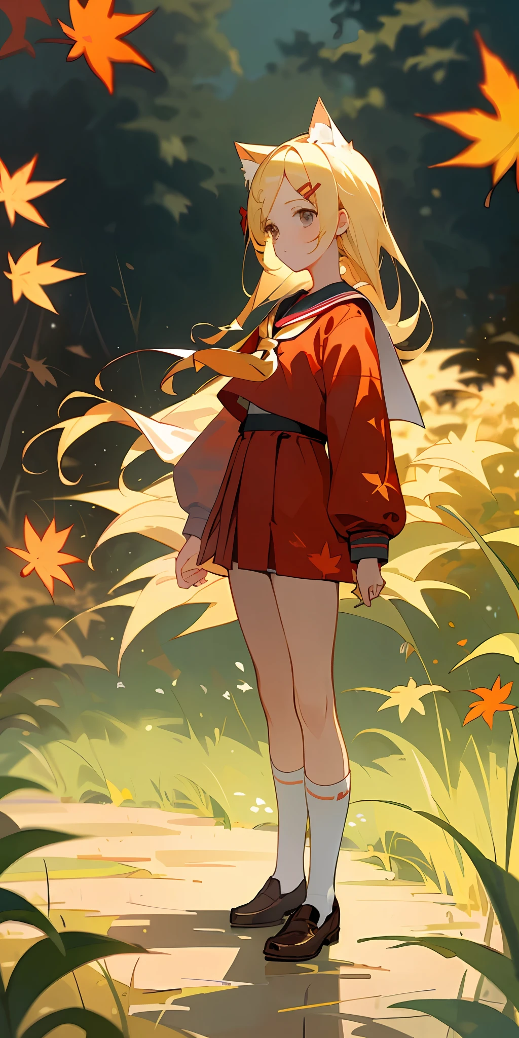 (Masterpiece, best quality), 1 long blonde girl standing in a field of greenery and flowers, hands behind her, warm lights, red sailor suit, blurred foreground, maple leaf hairpin, blonde eyes, white over-the-knee socks, school shoes, cat ears,