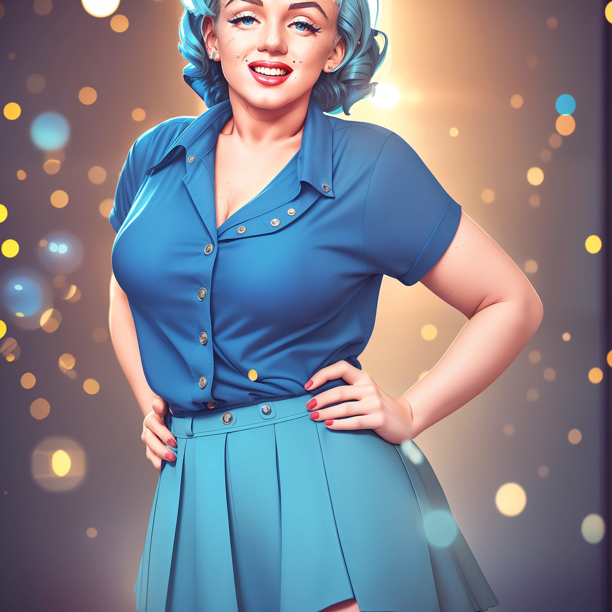 AGMM, 1girl, (Marilyn Monroe, blue hair, Colored_Skin:1.2), wearing wet school uniform, large breasts, reveal, covering, skirt, thighs. inside the building, classroom, sun rays, bokeh, sparkles, night, smile, sexy smile, --auto --s2