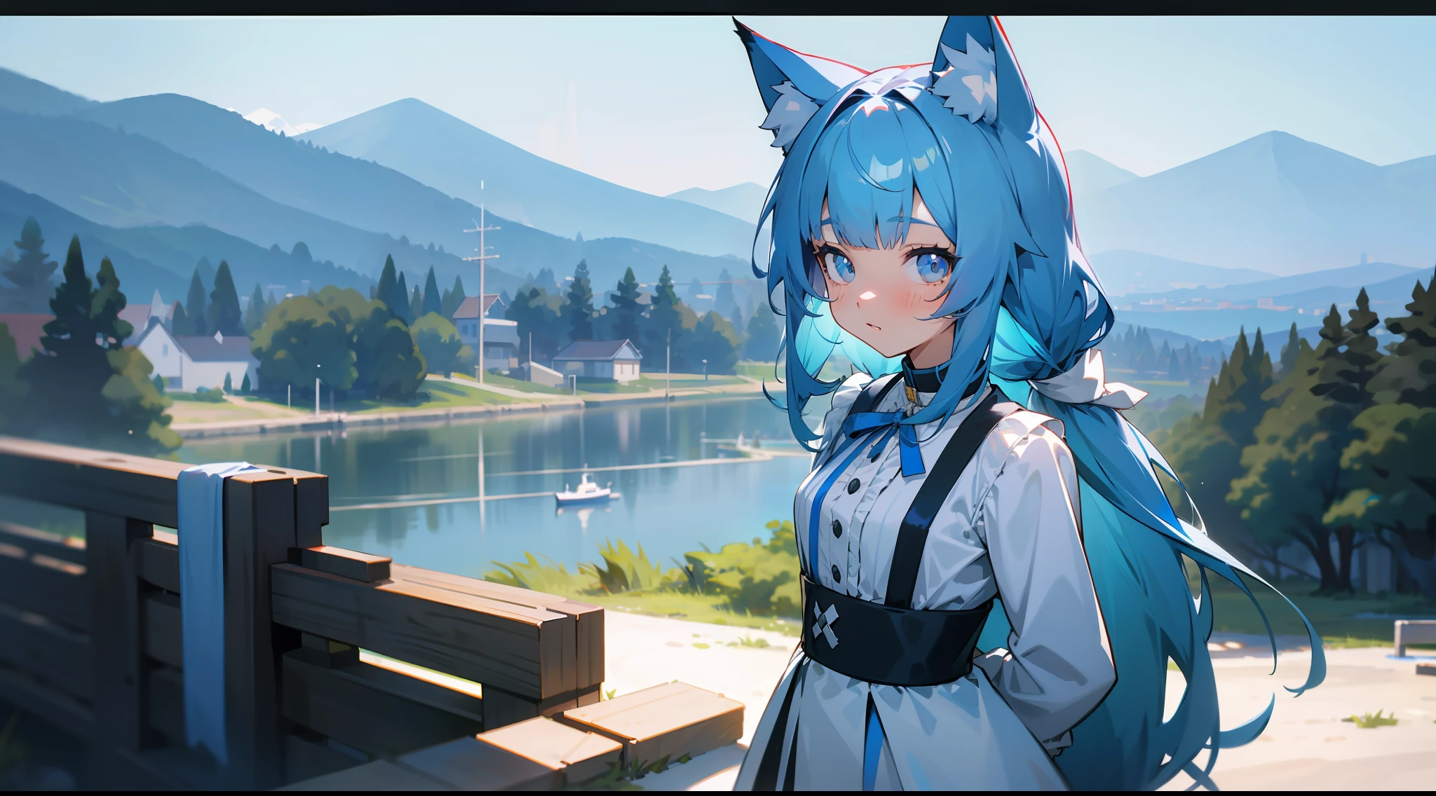 1girl, animal ears,looking at viewer,solo,upper body, arms behind back , long hair, outdoors,  white socks, cat ears, mountain, blue hair, long sleeves, looking at viewer,  water, dress, shoes, ribbon, animal ear fluff,  ((masterpiece)), best quality, highly detailed,depth of field,extremely detailed cg unity 8k wallpaper illustration,