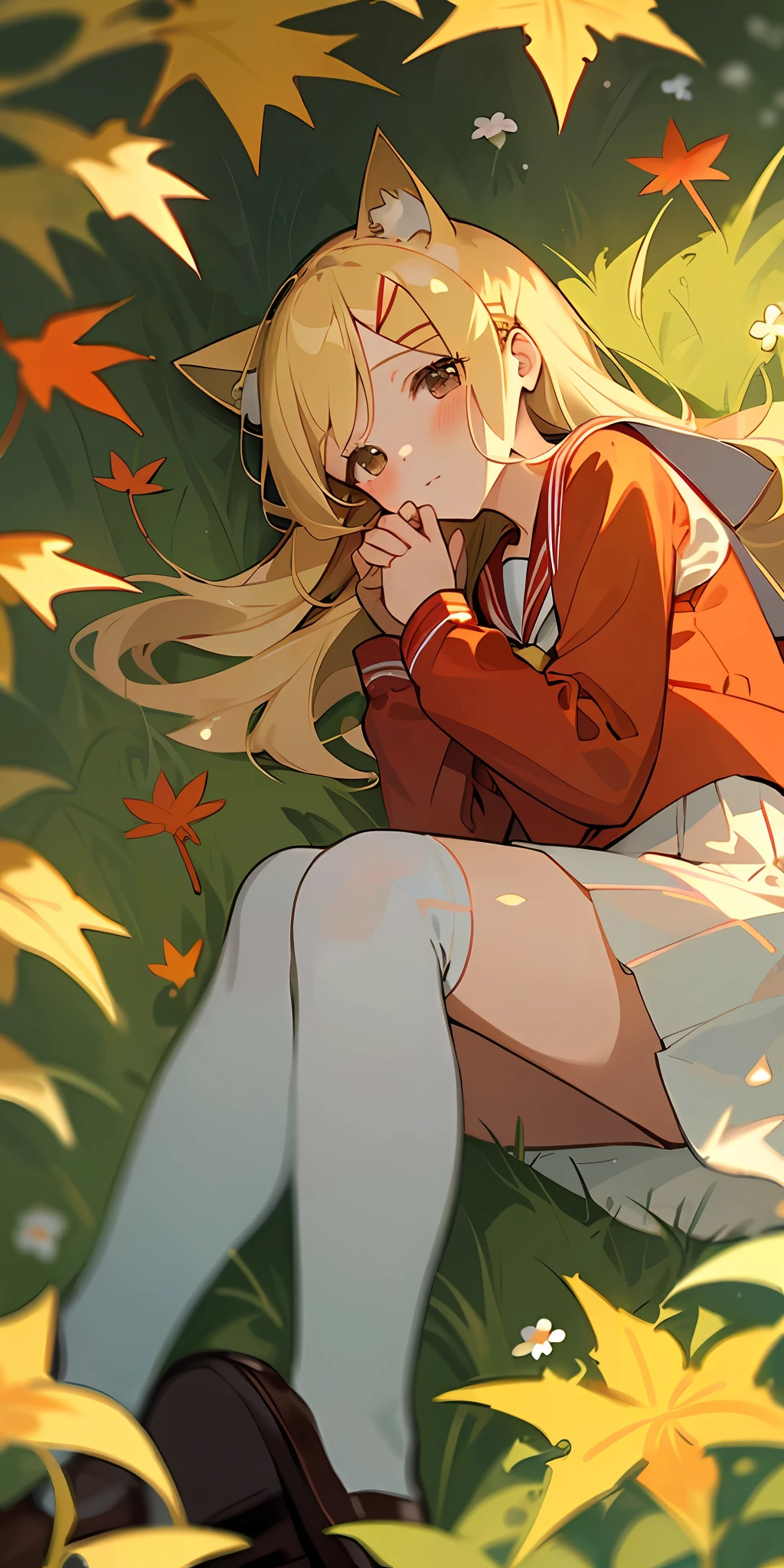 (Masterpiece, best quality), 1 long blonde girl lying in a field of greenery and flowers, her hands under her chin, warm lights, red sailor suit, blurred foreground, maple leaf hairpin, blonde eyes, white over-the-knee socks, school shoes, cat ears,