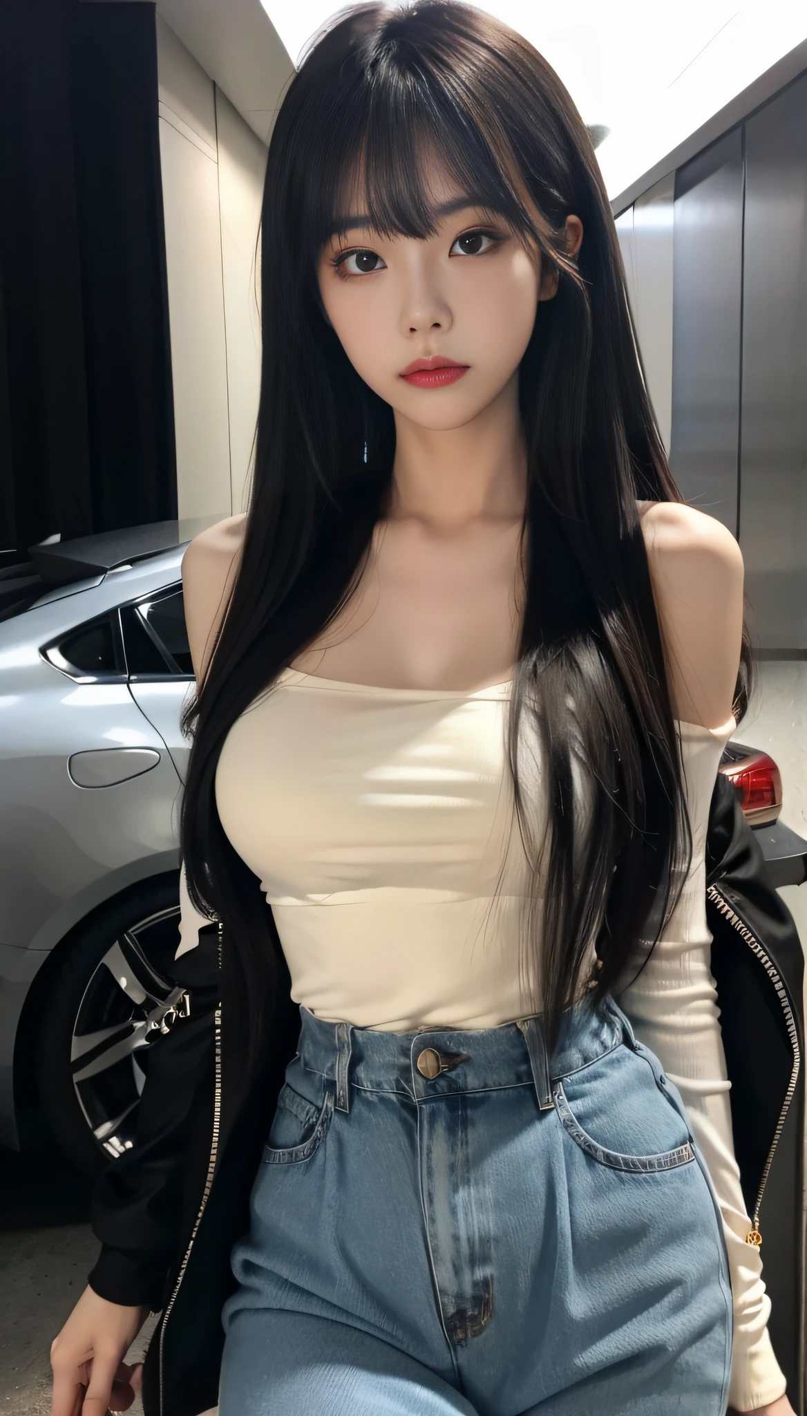 A Korean woman in an underground parking lot, fluffy hair, delicate face, realistic, real, large aperture, wearing black pantyhose, white top, slim,