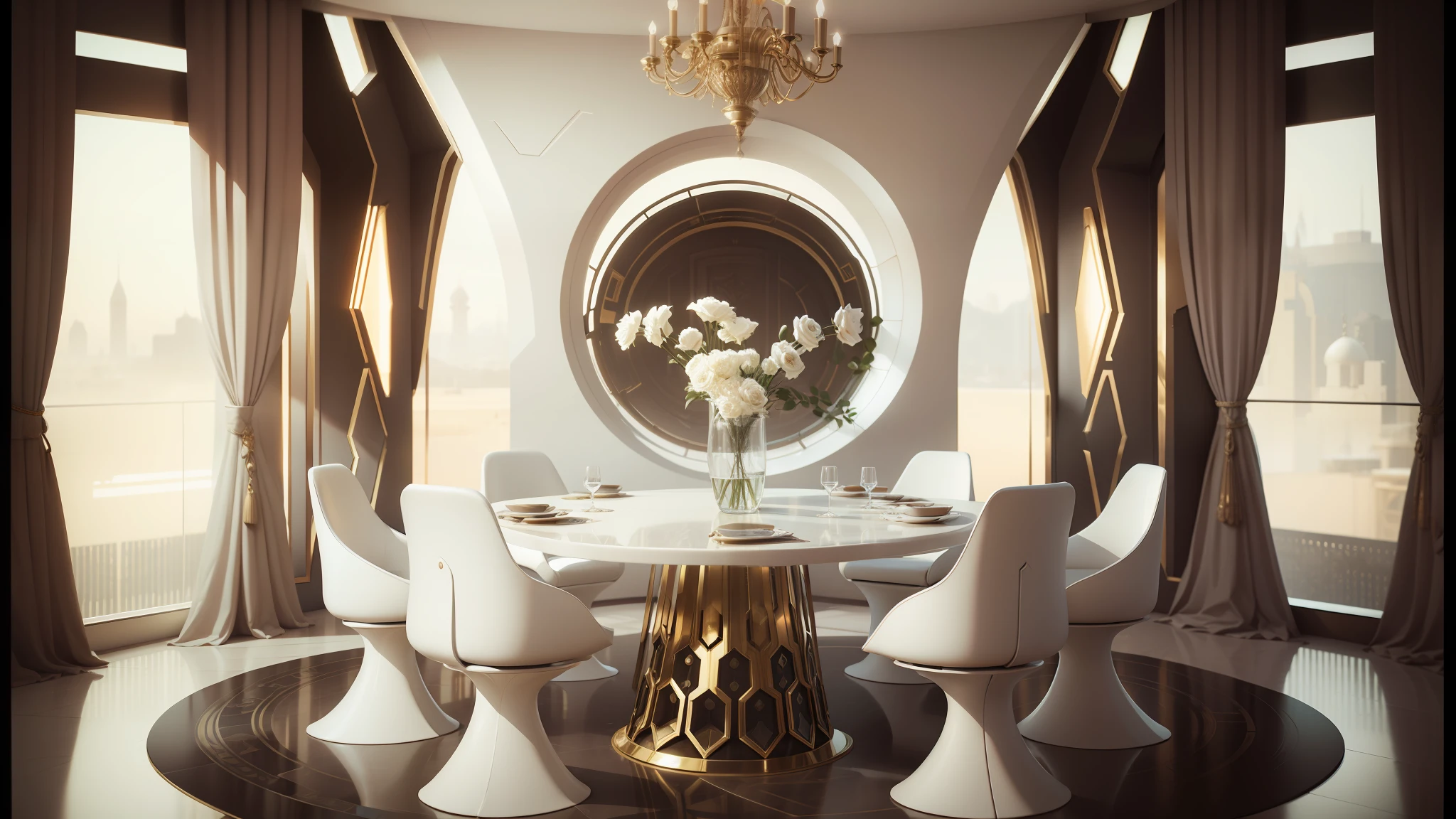 there is a round table with chairs and a vase of flowers, futuristic persian palace, futuristic interior, futuristic decor, retro futuristic apartment, futuristic decoration, futurism aesthetic, sci - fi interior, futuristic casino, futuristic furniture, unreal engine render saint seiya, high tech space ship interior, rendered in lumion pro, cgsociety 9, spaceship interior, solarpunk cantine --auto --s2