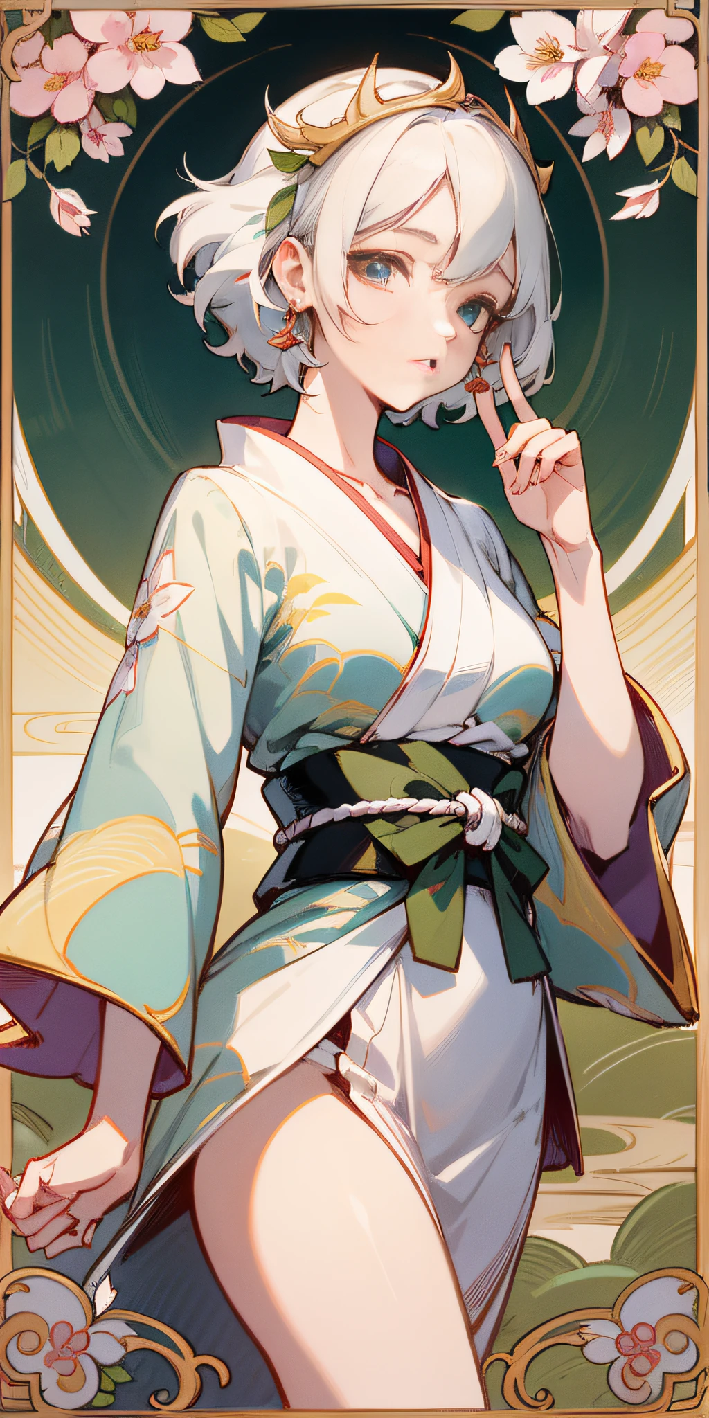 This is a simple and beautiful portrait of a girl, dressed in pink and white clothes, collarbones, white hair, delicate and beautiful hair and eyes and face, sexy facial expressions, wearing complex clothes, three-dimensional facial features, big eyes, in the style of Yuumei, light yellow and green, complex clothing, delicate flowers, organic and flowing forms, cartoon character designs, traditional clothing, Japanese Katayana in the field, dragonflies flying around, Ferris Prolok style, Song Dynasty, Raphael Kirchner, 17th century, Marjorie Miller, Sakura, (arm + hand + 1 thumb + 4 fingers), front view, cinematic style, cinematic, real, surrealism, fantasy, mythology, product rendering, movie poster, commercial blockbuster, ultra hd and detail, 8k,