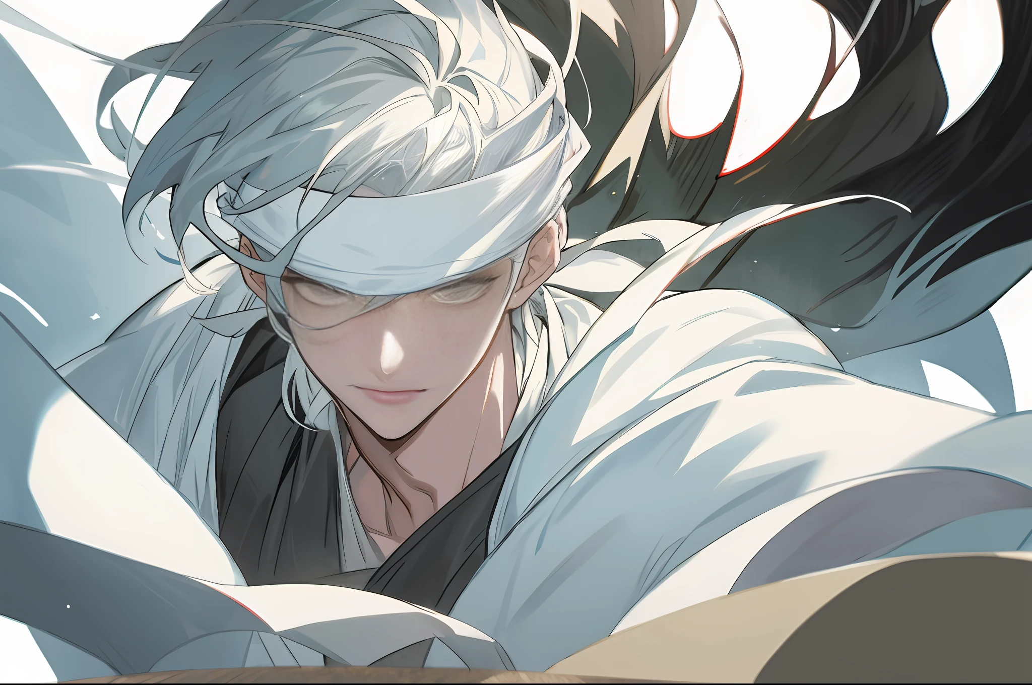 (A blind cool sense of beautiful young man wearing white clothes), flowing sleeves, big watery eyes, (blinded folded,white blindfolded), beautiful face and smooth white skin, delicate face, fluttering black hair, an ancient Chinese handsome guy, wearing ancient Chinese clothing, flowing tulle, light silk,(clean background), ink painting style, clean color, decisive cutting, blank, freehand, masterpiece, super detailed, epic composition, high quality, the highest quality, 4k