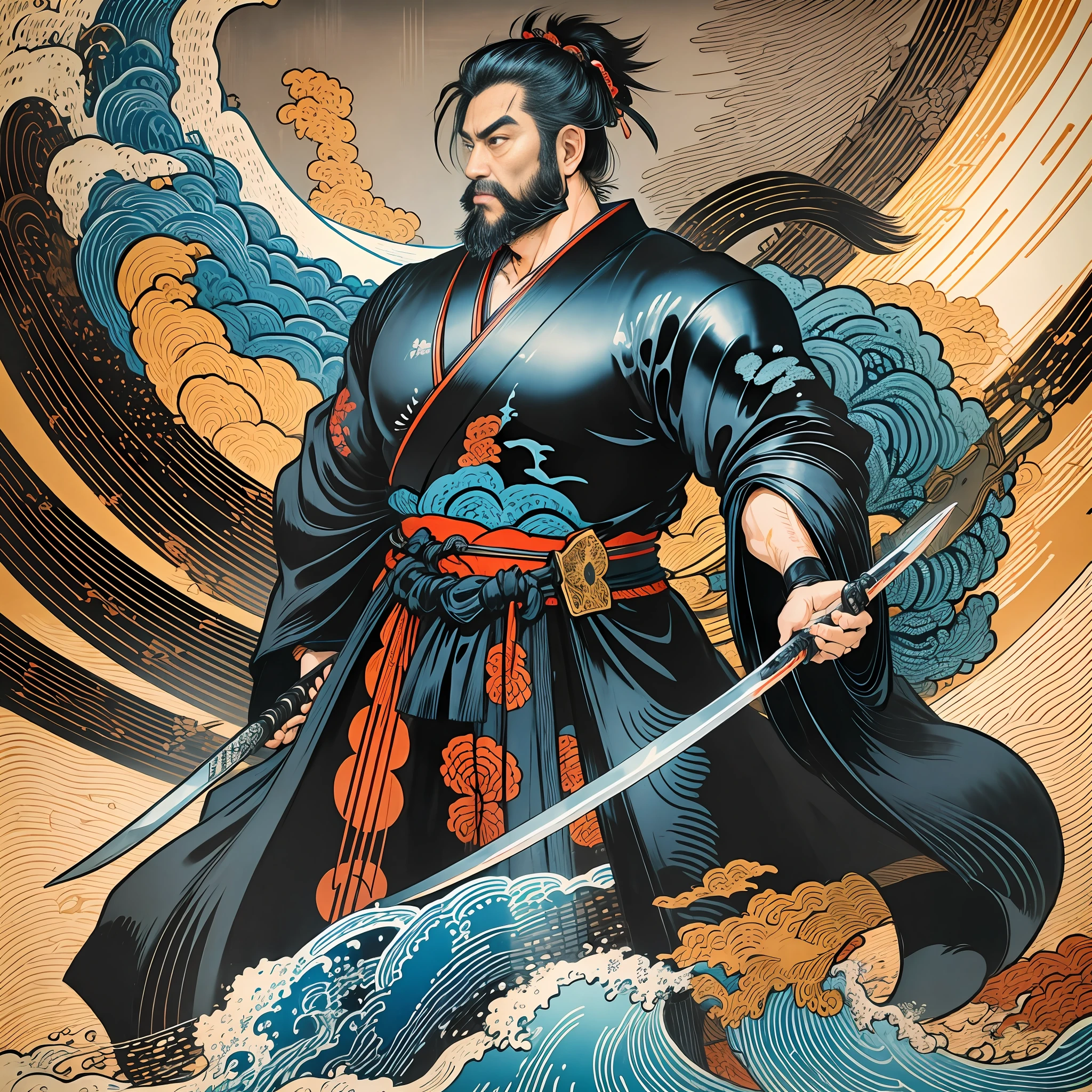 It is a full-body painting with natural colors with Katsushika Hokusai-style line drawings. The swordsman Miyamoto Musashi has a big body like a strongman. Samurai of Japan. With a dignified but manly expression of determination, he confronts evil spirits. He has black short hair and a short, trimmed beard. His upper body is covered with a jet black kimono with a glossy texture, and his hakama is knee-long. In his right hand he holds a Japan sword with a longer sword part. In the highest quality, masterpiece high resolution ukiyo-e style lightning and swirling flames. Among them, Miyamoto Musashi is standing with his back straight, facing the front.