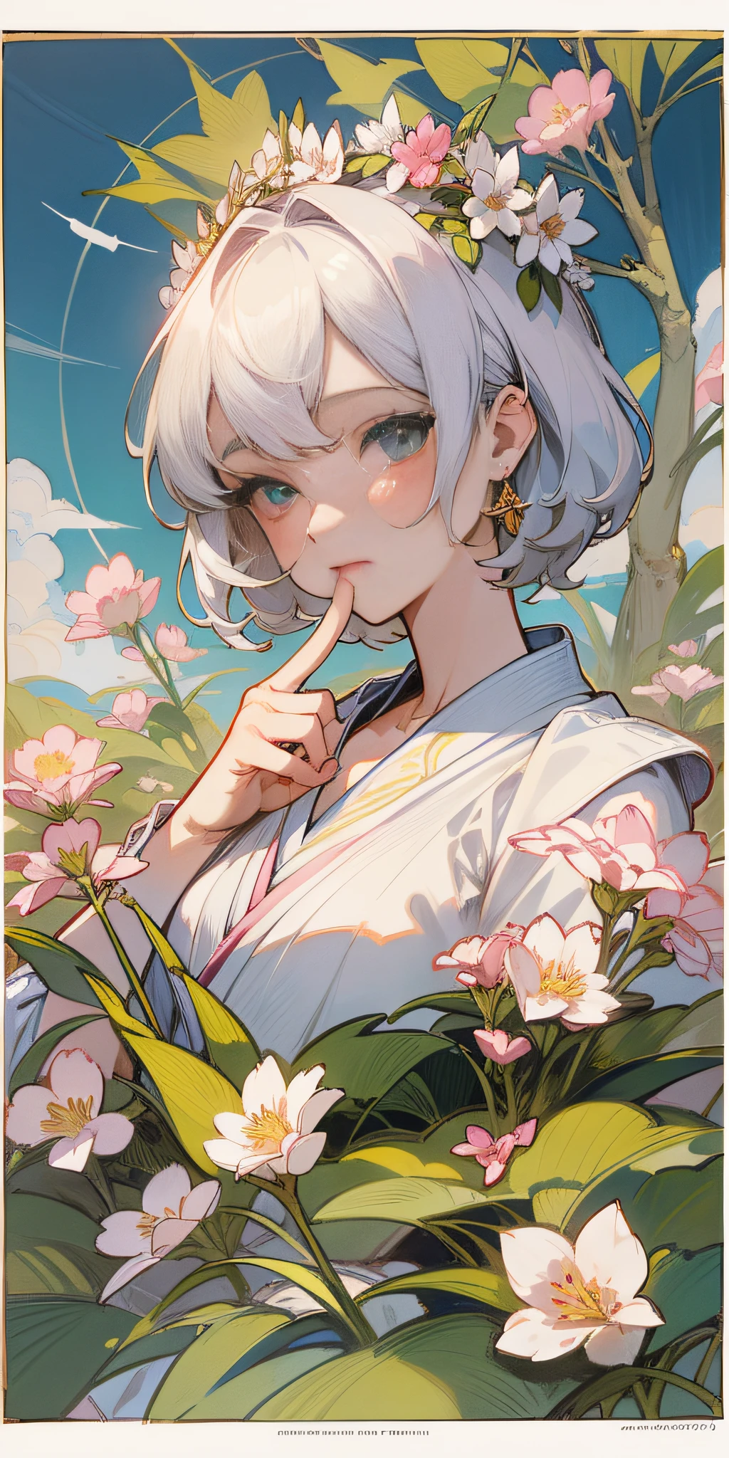 This is a simple and beautiful portrait of a girl, dressed in pink and white clothes, collarbones, white hair, delicate and beautiful hair and eyes and face, sexy facial expressions, wearing complex clothes, three-dimensional facial features, big eyes, in the style of Yuumei, light yellow and green, complex clothing, delicate flowers, organic and flowing forms, cartoon character designs, traditional clothing, Japanese Katayana in the field, dragonflies flying around, Ferris Prolok style, Song Dynasty, Raphael Kirchner, 17th century, Marjorie Miller, Sakura, (arm + hand + 1 thumb + 4 fingers), front view, cinematic style, cinematic, real, surrealism, fantasy, mythology, product rendering, movie poster, commercial blockbuster, ultra hd and detail, 8k,