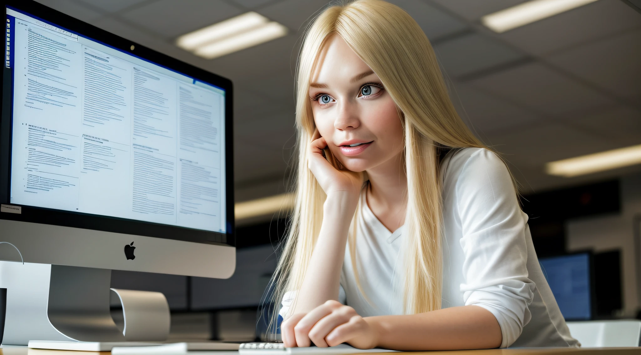 realistic photo:16:9, HD, 16K, 1 Woman, blonde, straight hair, sitting at the desk facing the computer, monitor screen facing forward, she with expression of astonishment, hand to mouth, {best quality}, {ultra-detailed}, photorealistic, {ultra-detailed}