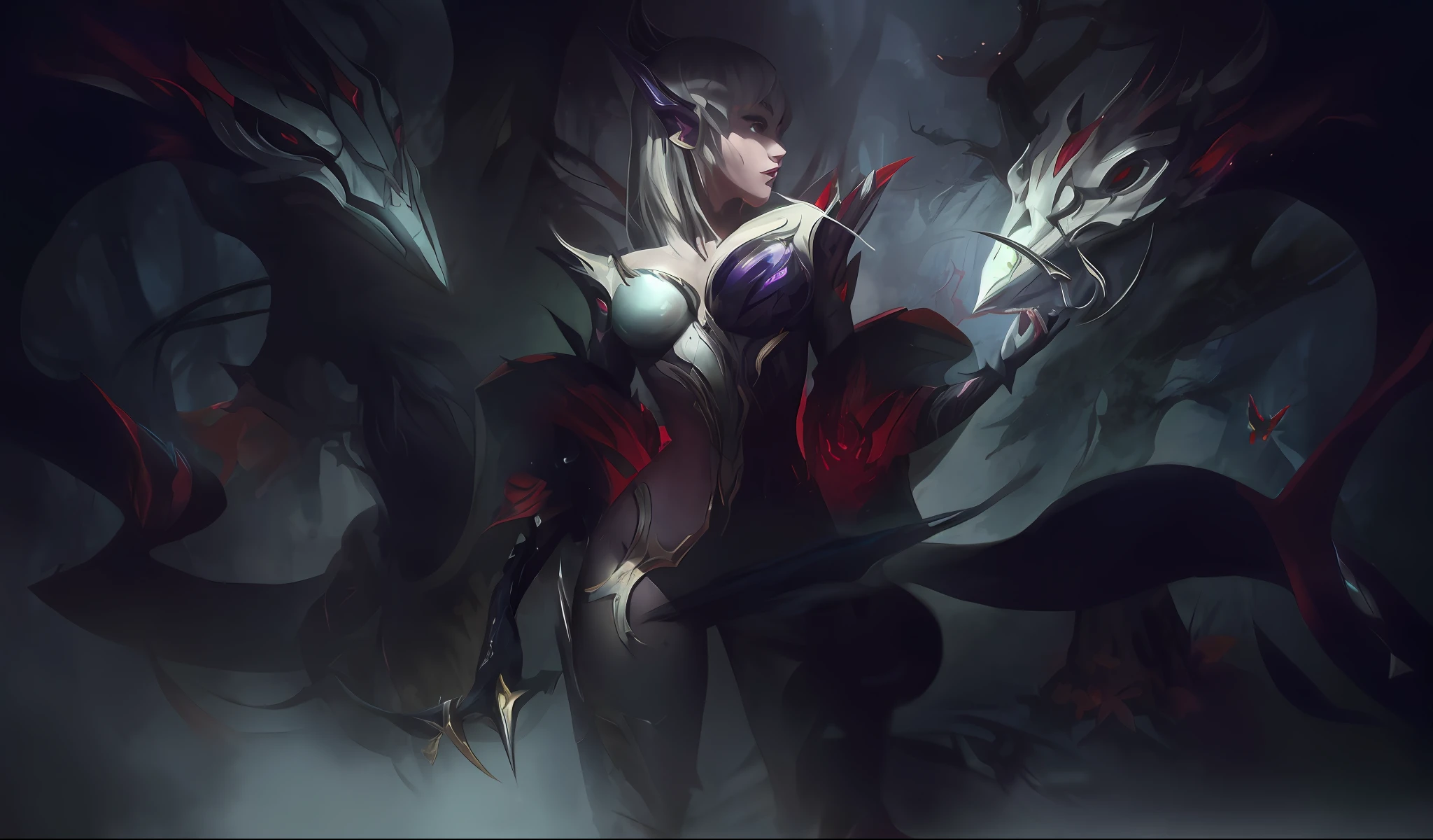 anime girl with a sword and a demon in a dark forest, league of legends concept art, riot games concept art, kda, concept art | artgerm, league of legends character art, league of legends splash art, league of legends style art, league of legends art, league of legends art style, irelia, wlop | artgerm