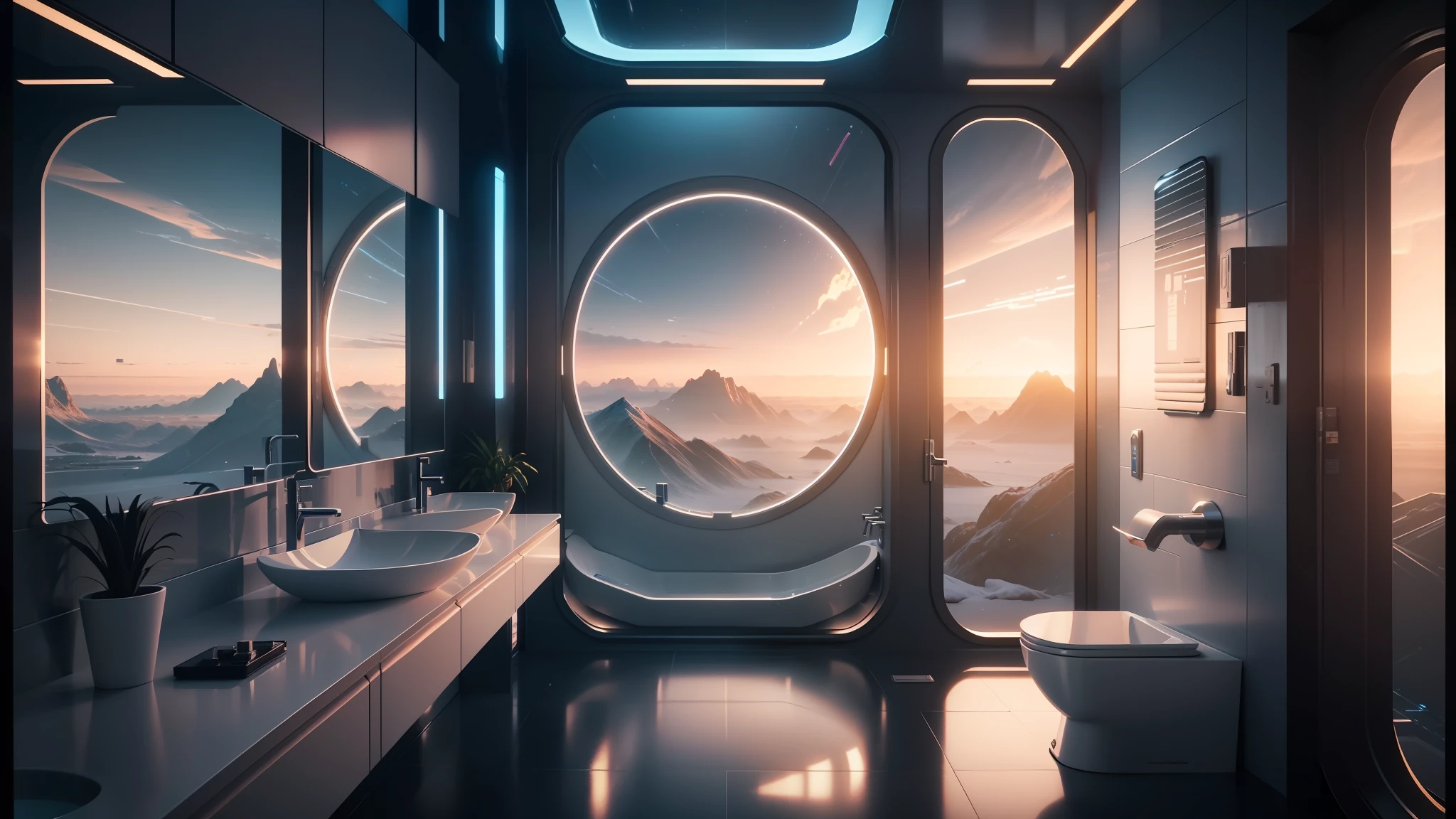 there is a bathroom with a sink and a mirror in it, cgsociety 9, futuristic room background, futuristic interior, 2 0 2 1 cinematic 4 k framegrab, futuristic. game cg, retro futuristic apartment, jessica rossier color scheme, futuristic decor, futuristic room, from a 2 0 1 9 sci fi 8 k movie, futuristic environment --auto --s2