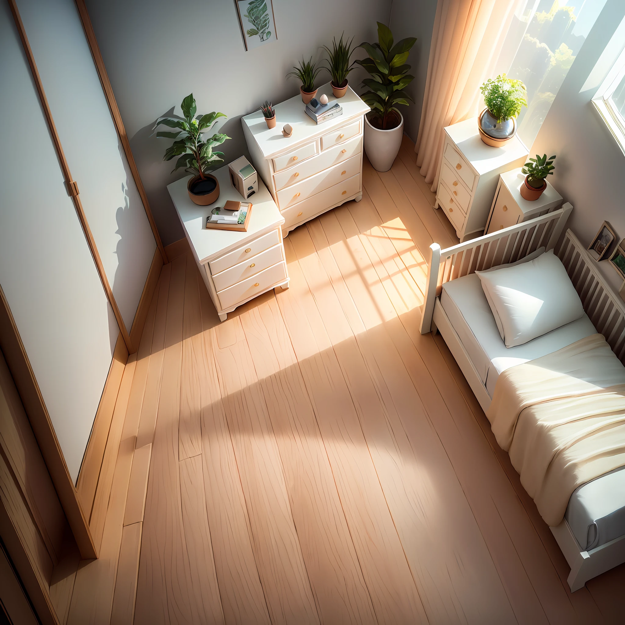 Isometric room, pure white background, best quality, ((low poly)), (very detailed CG unity 8k wallpaper), (best quality), (best illustration), (best shadows), ((bedroom )), Cream, Pastel, Light Curtains, Rugs, Wardrobe, Cotton Sheets, Wooden Furniture, Soft Lights, Plants, Paintings, Vases, Octane Rendering, Ray Tracing, Super Detailed