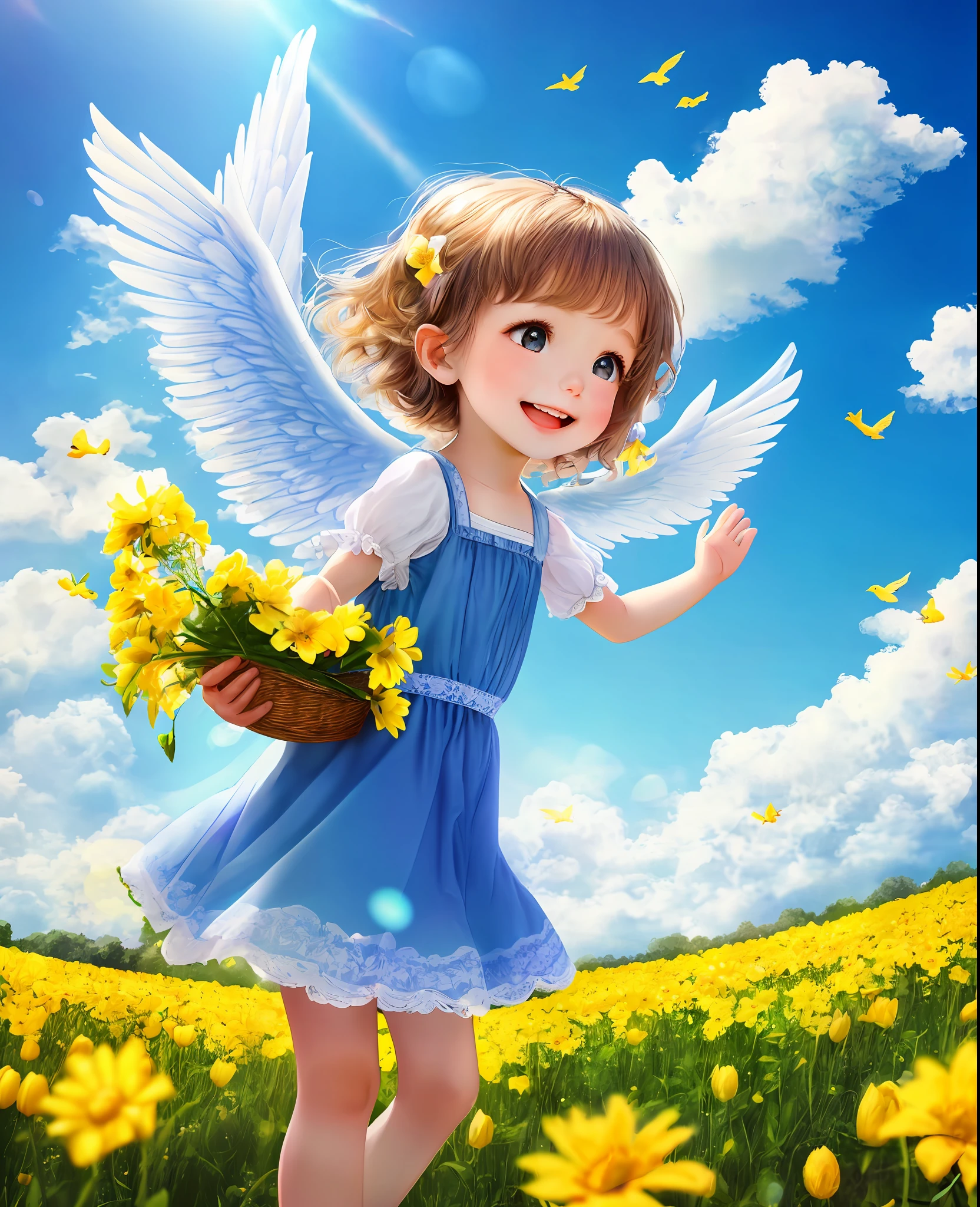 A , 3 years olds, flew into the sky, elves, cherubs, sunshine, wonderful, smiling, happy, innocent, blue sky and white clouds, enjoying a lovely spring outing surrounded by beautiful yellow flowers and nature