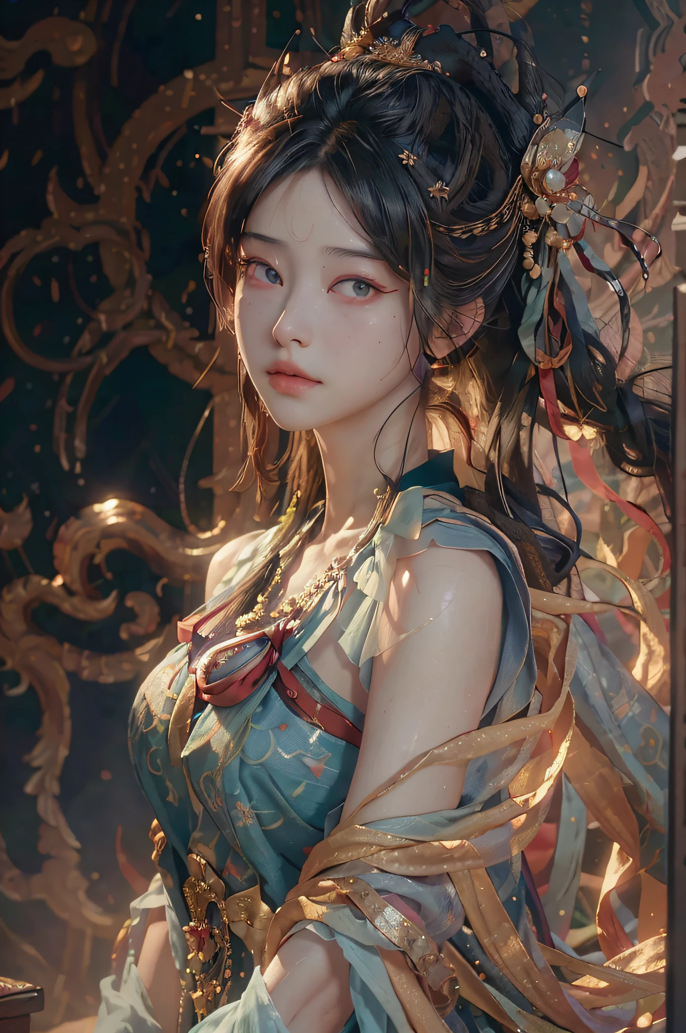(RAW photo, best quality), (realistic, photo-realistic:1.3),best quality,highly detailed,masterpiece,ultra-detailed,illustration,1girl,upper_body,dynamic angle,world masterpiece theater,messy_long_hair,best quality,extremely detailed CG unity 8k wallpaper,ink,Amazing,cinematic lighting,lens_flare, dunhuang_style