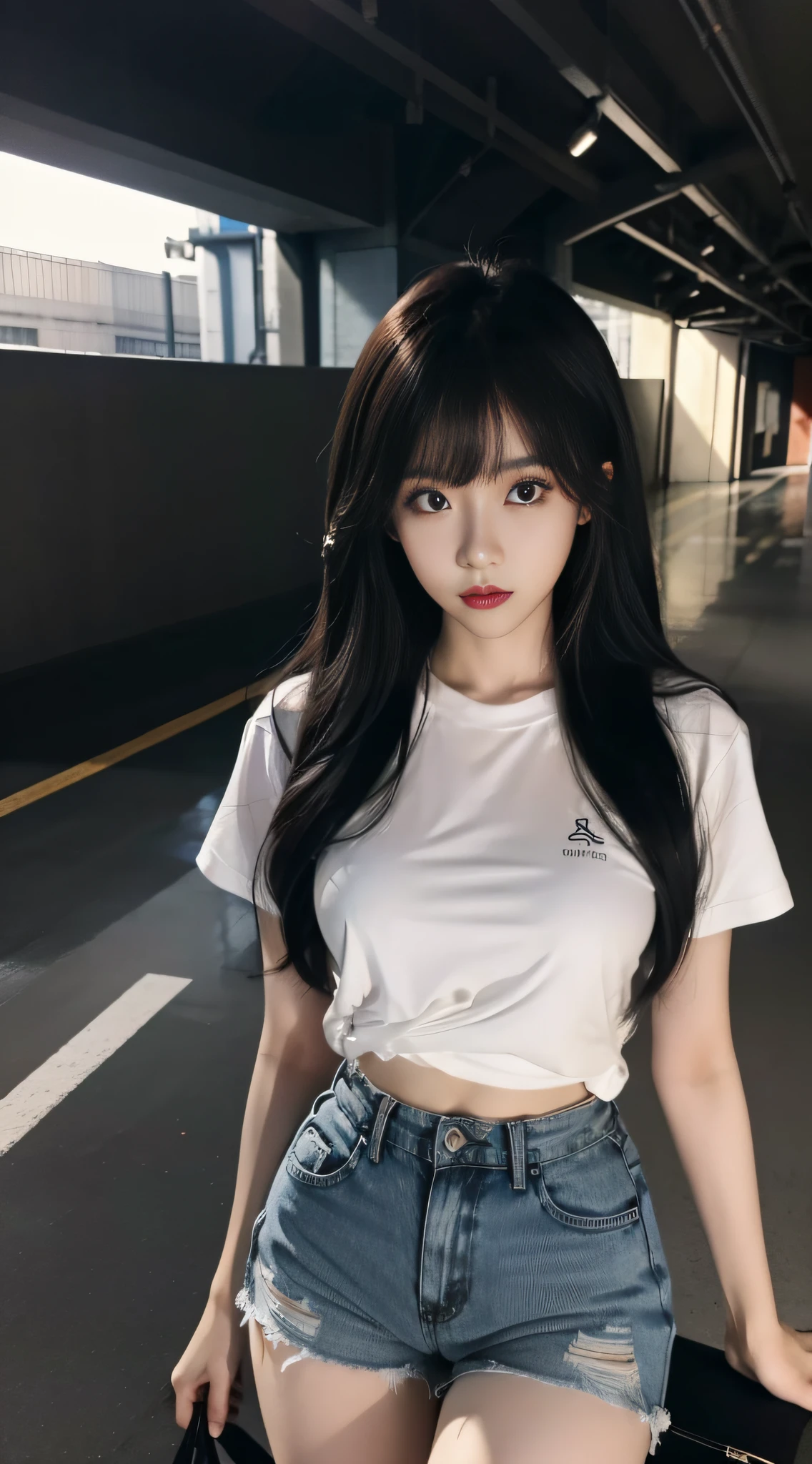 A Korean woman in an underground parking lot, fluffy hair, delicate face, realistic, real, large aperture, (black pantyhose: 1.5), wearing black shorts, top wearing white tight shirt, western shirt, slim,