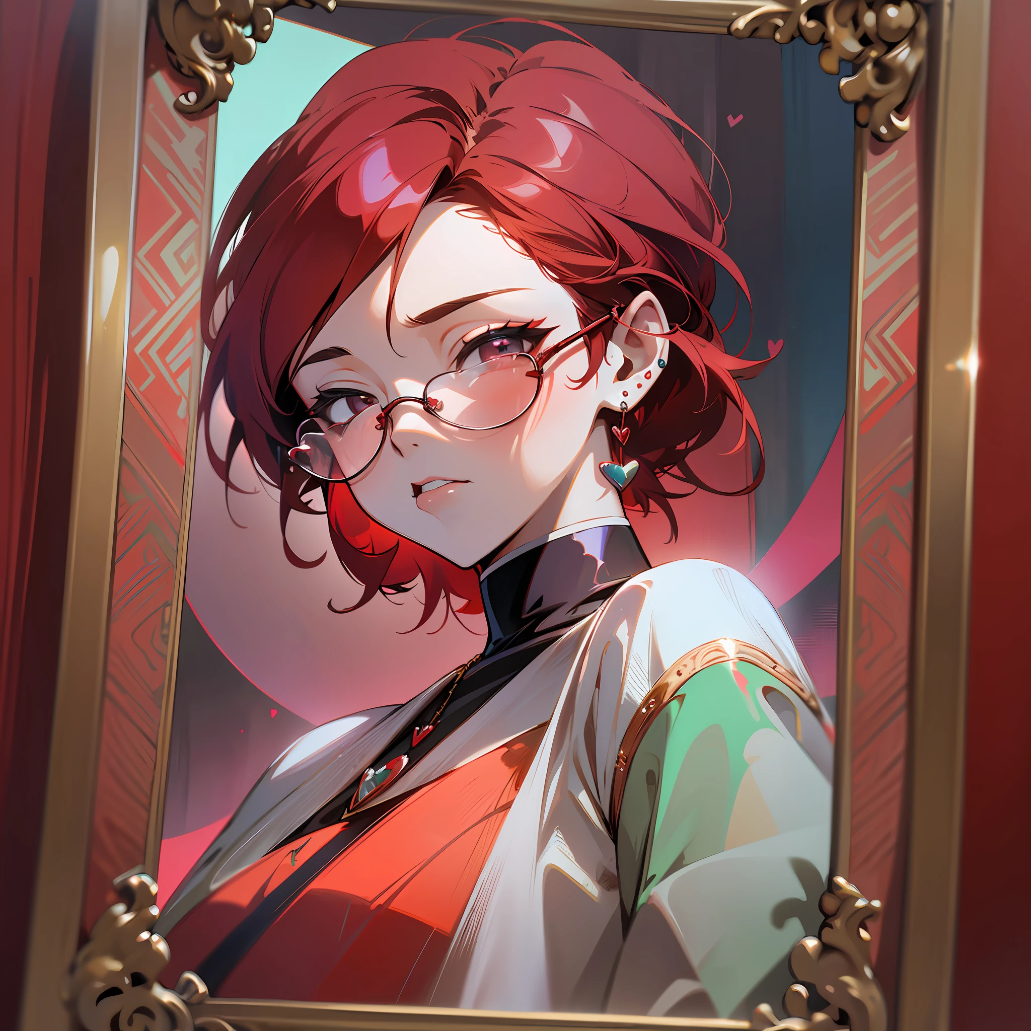 red hair, rimless eyewear, rolling eyes, earrings, oral invitation, heart in eye, Color Field painting, Art Deco, anaglyph, motion lines, border, framed, character chart, wide shot, from above, UHD, best quality, high details, highres --auto --s2
