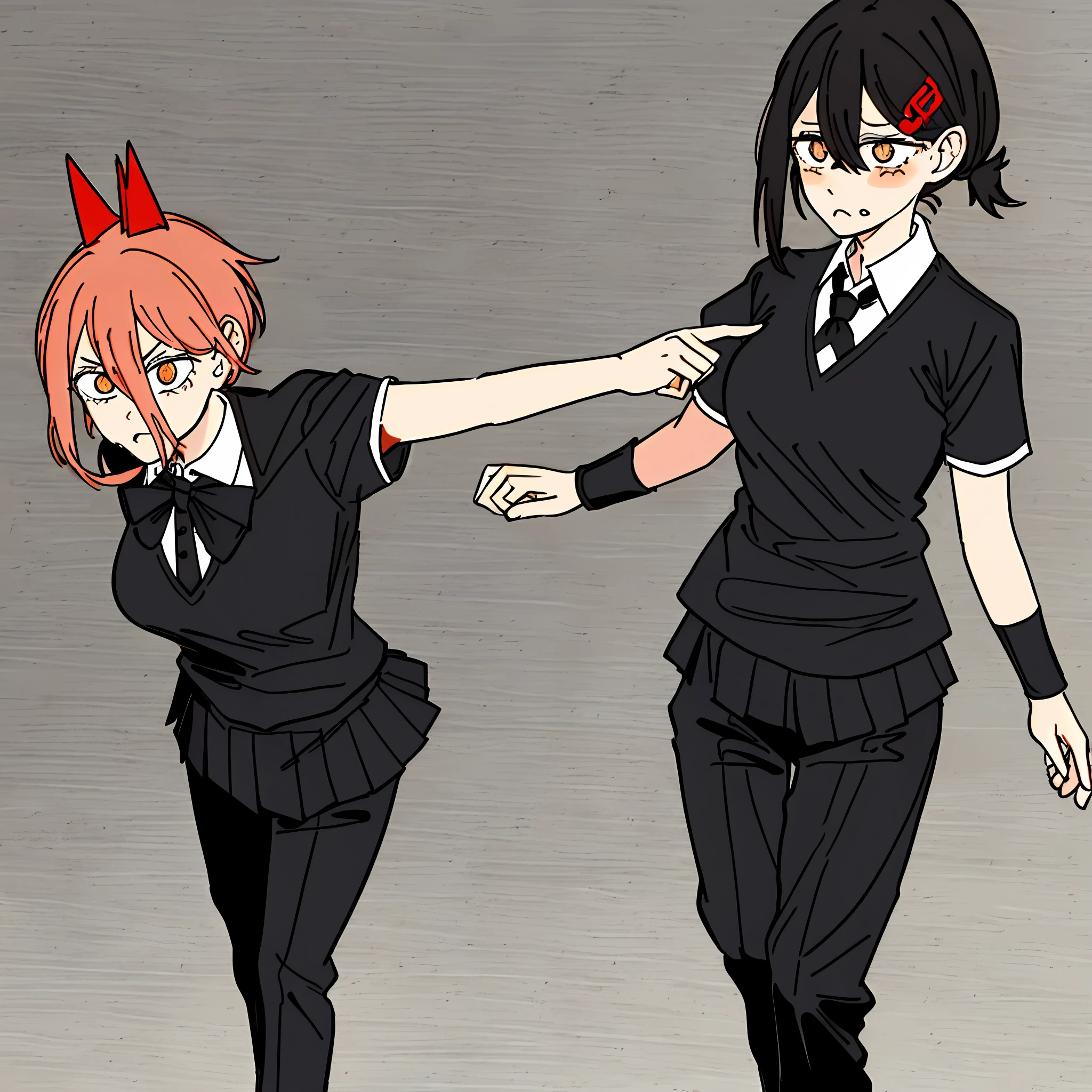 Kobeni \(chainsaw man\), 1girl, bangs, black tie, black pants, , ponytail, collared shirt, short sleeves, tie, black hair, brown eyes, shirt,, solo, uniform, white shirt, small breasts,red hair clips,((shy)),((short hair with fringe)) ,scared, panic