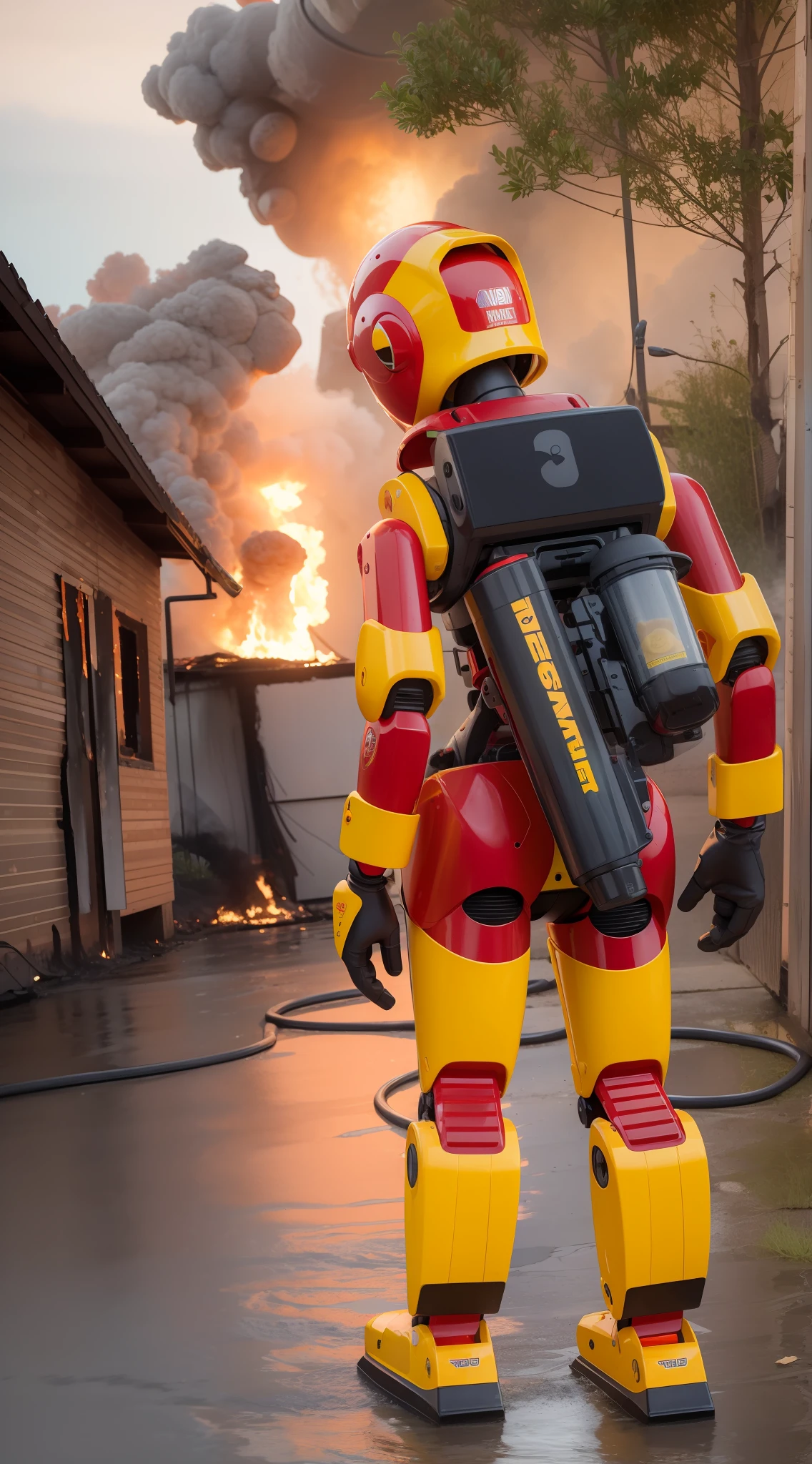 A red-yellow humanoid robot simulator holds a water gun in front of a burning house and sprays water to put out a fire