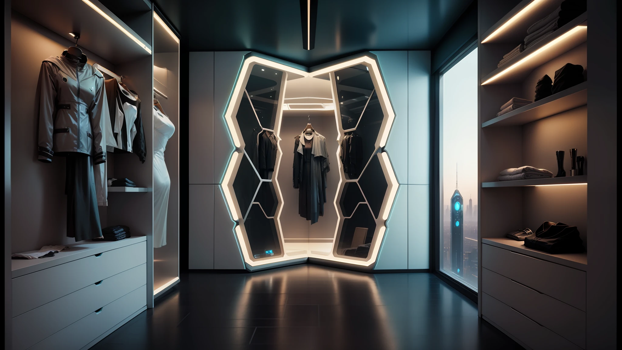 a view of a walk in closet with a mirror and clothes, elegant futuristic wardrobe, biopunk futuristic wardrobe, elegant wardrobe, cyberpunk apartment, futuristic fashion clothing, the cyberpunk apartment, futuristic room, retro futuristic apartment, futuristic design, clothes from the future, bladerunner apartment, doors that are cosmic portals, futuristic decor, futuristic decoration, futuristic sci-fi fashion --auto --s2