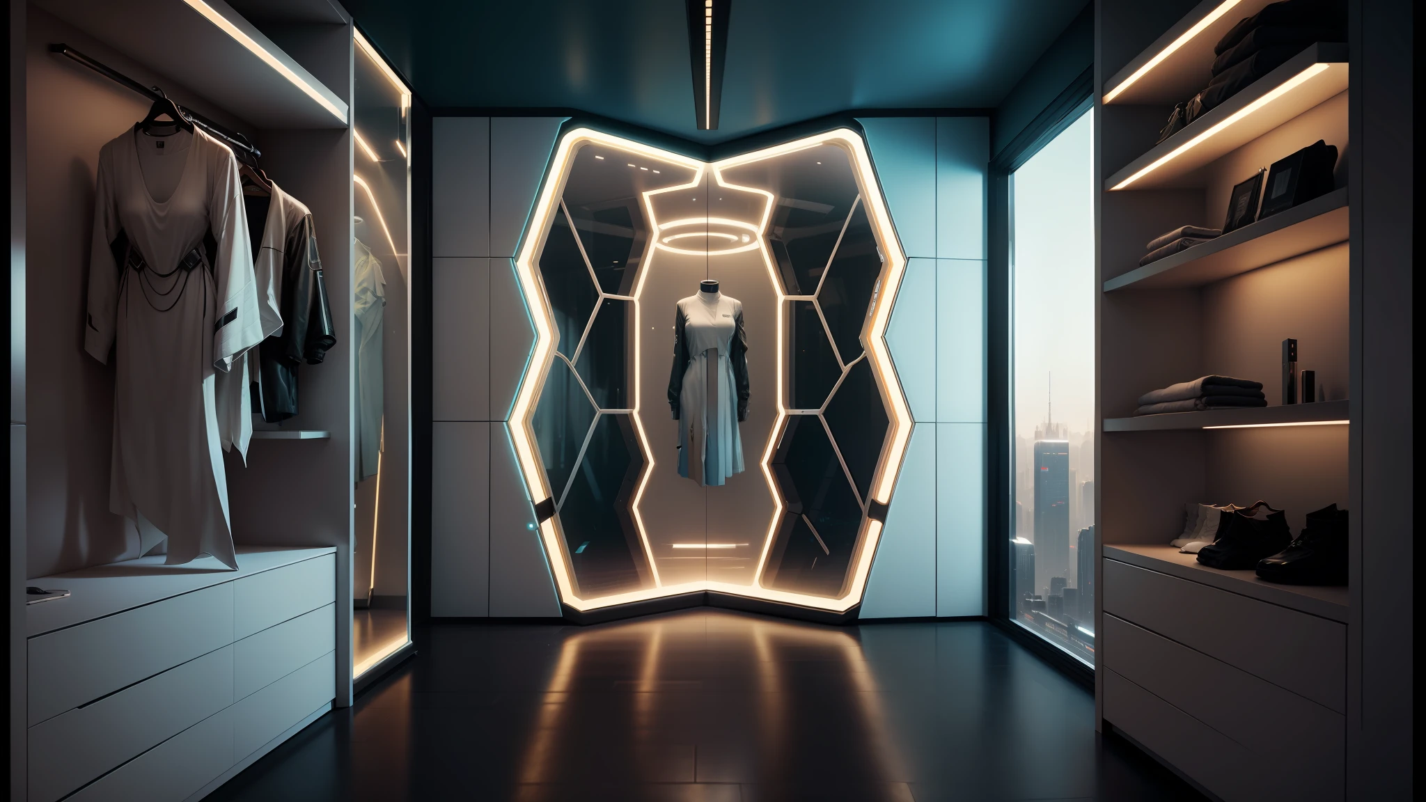 a view of a walk in closet with a mirror and clothes, elegant futuristic wardrobe, biopunk futuristic wardrobe, elegant wardrobe, cyberpunk apartment, futuristic fashion clothing, the cyberpunk apartment, futuristic room, retro futuristic apartment, futuristic design, clothes from the future, bladerunner apartment, doors that are cosmic portals, futuristic decor, futuristic decoration, futuristic sci-fi fashion --auto --s2