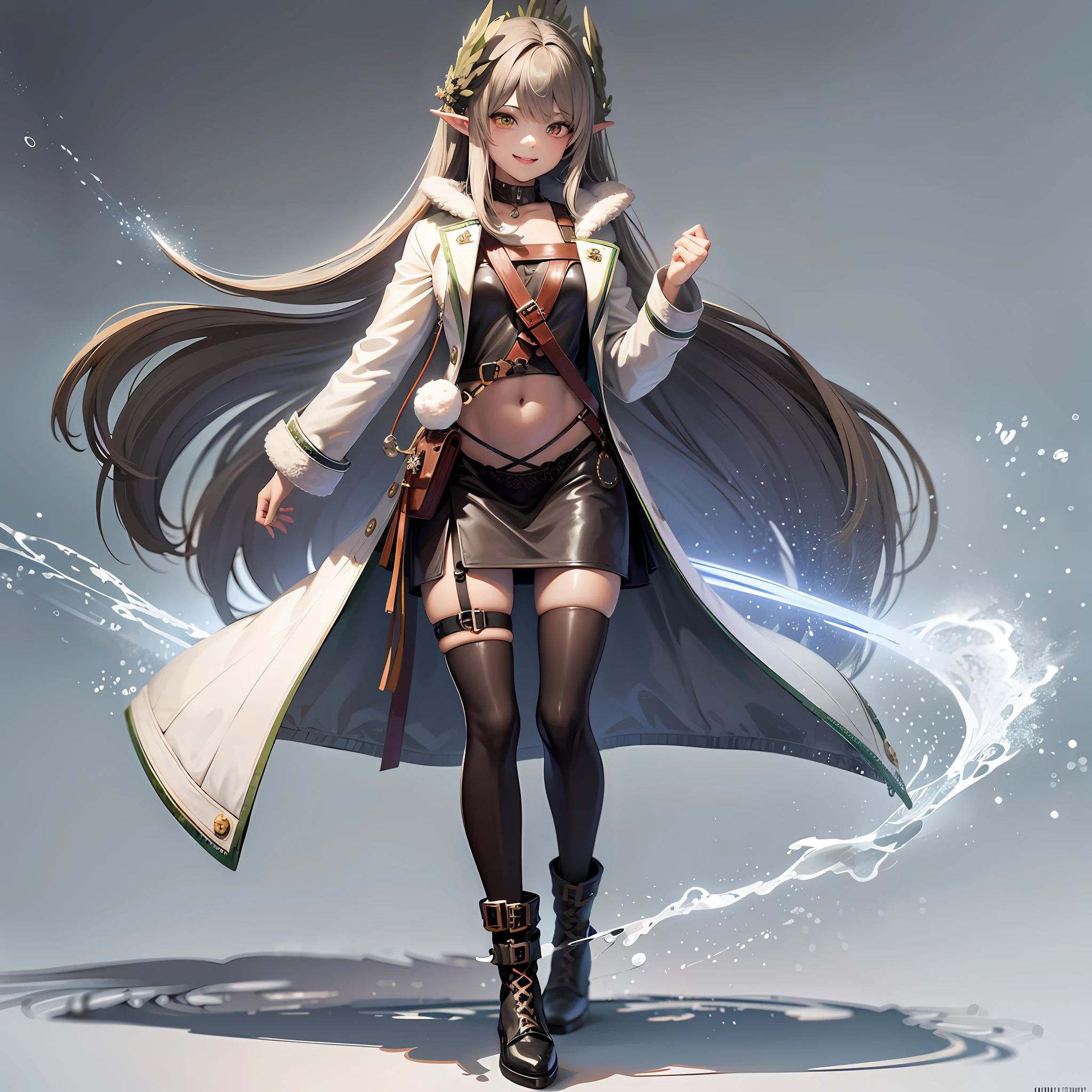 mumu, 1girl, solo, close one eye on light green background, full body, coat, skirt, long sleeves, boots, black shoes, open your clothes, open coat, black dress, look at the audience, white coat, smile, UHD, anatomically correct, super detail, high detail, high resolution, 8k