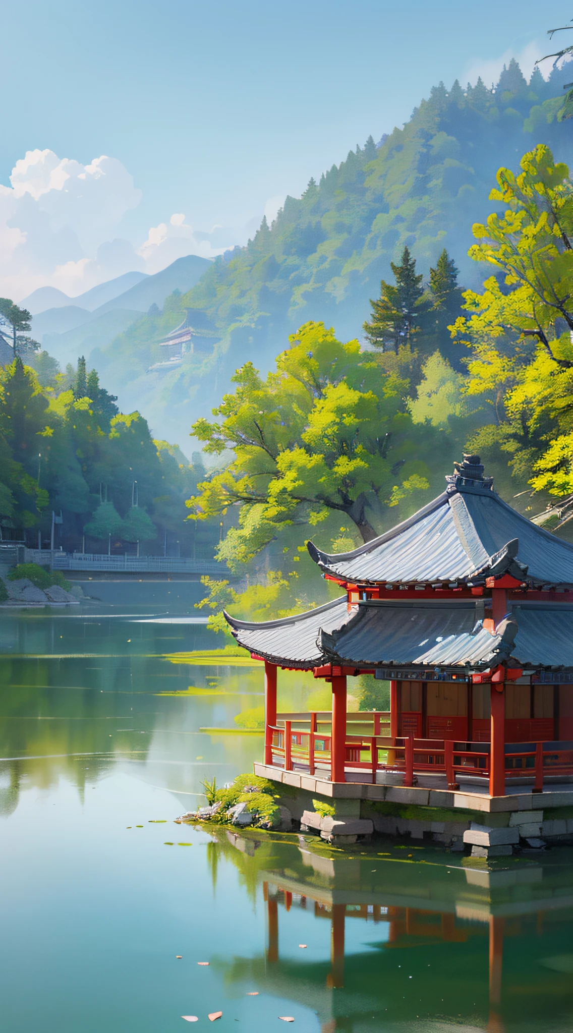 High-definition picture quality, exquisite details, Aiwan Pavilion on Yuelu Mountain, (a woman playing a guzheng), next to the small bridge flowing water, spring --auto --s2