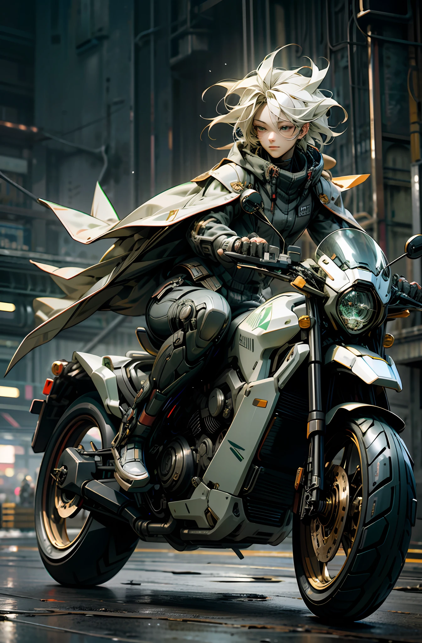 Cute boy 3D, IP,gold hair, green beautiful eyes, white coat ,
popmart style, blind box, cyberpunk, Full body,ray tracing, clay material, more details,
riding white motorcycle at night,