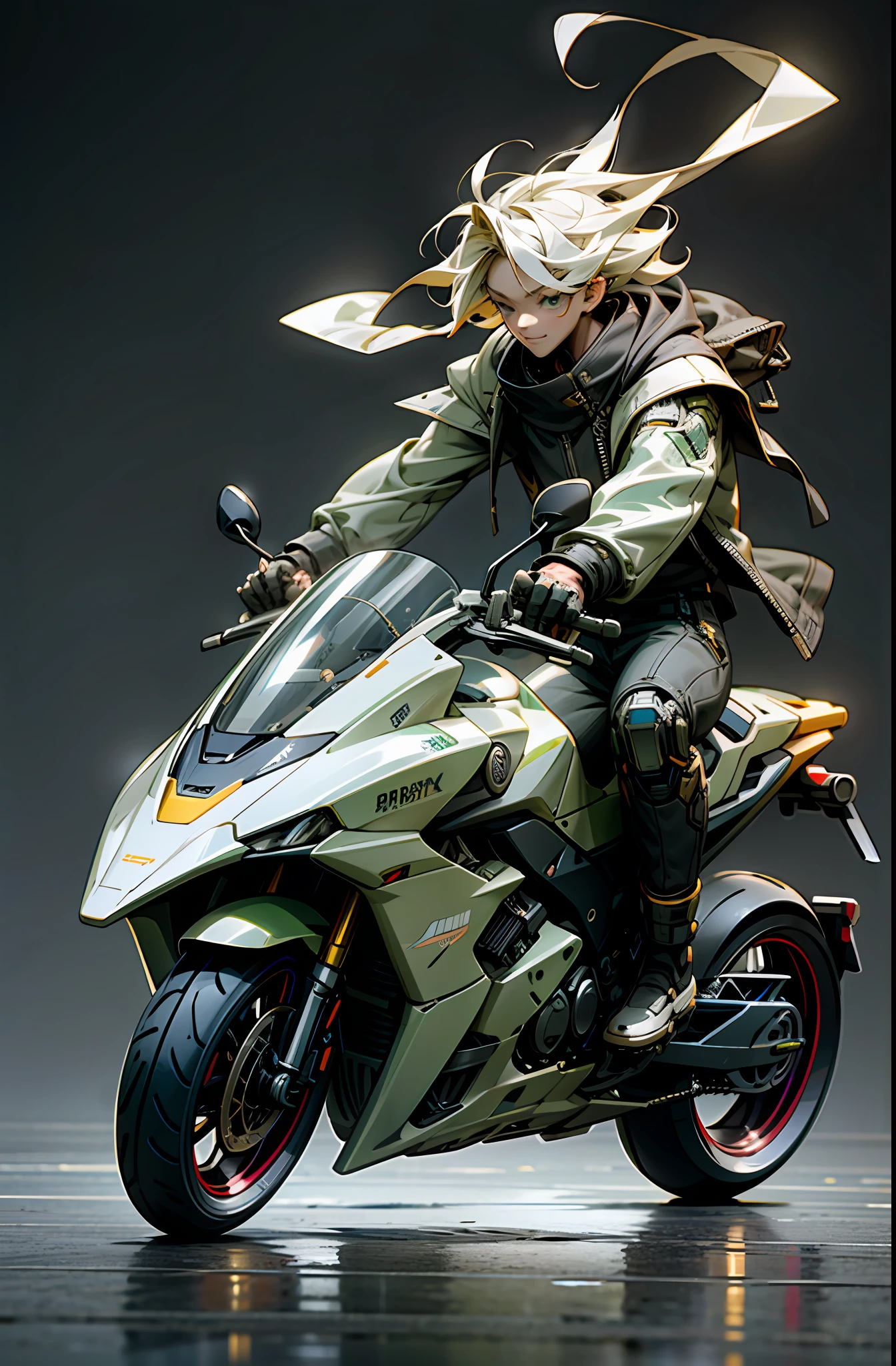 Cute boy 3D, IP,gold hair, green beautiful eyes, white coat ,
popmart style, blind box, cyberpunk, Full body,ray tracing, clay material, more details,
riding white motorcycle at night,