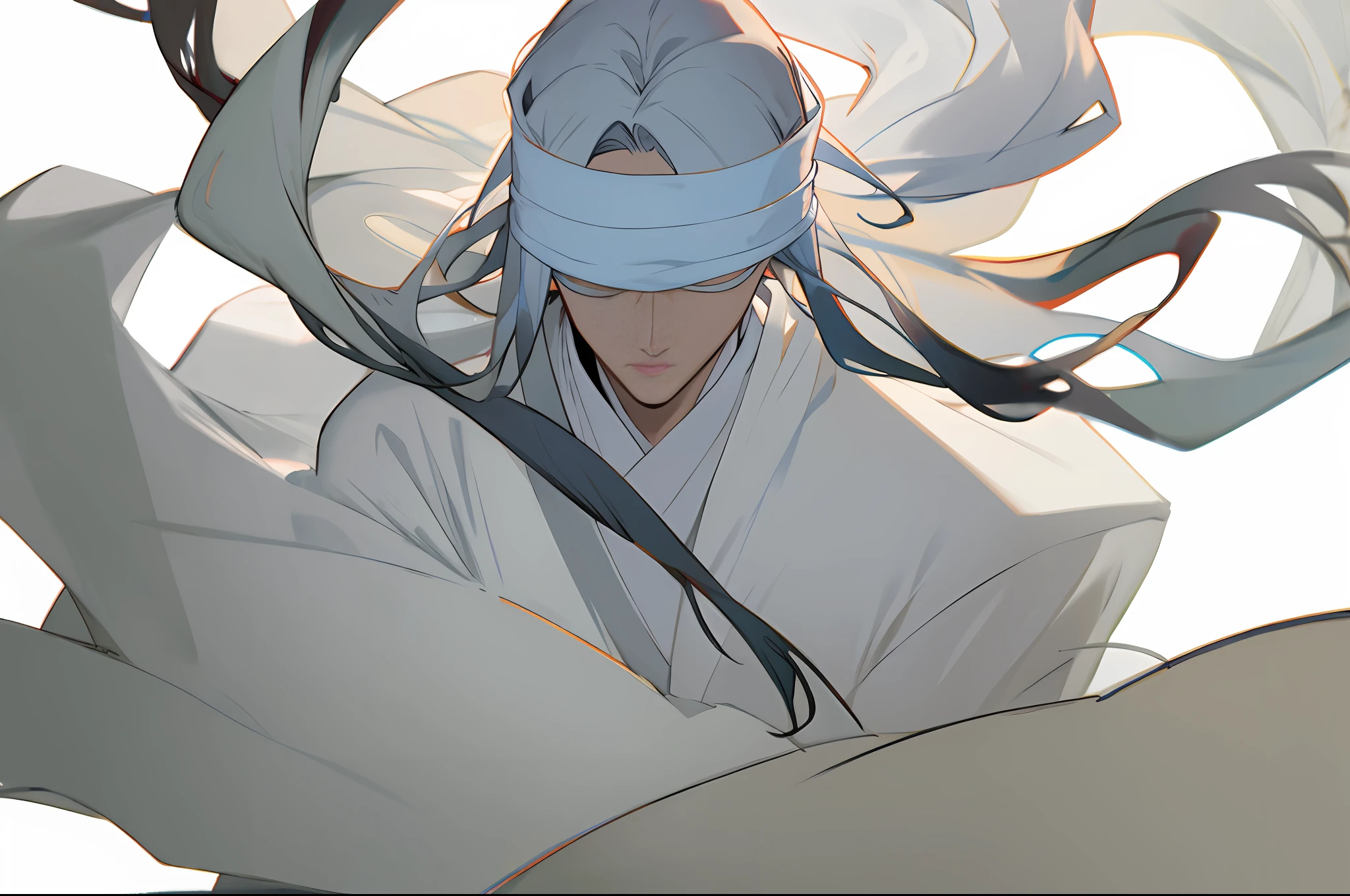 (A blind cool sense of beautiful young man wearing white clothes), flowing sleeves, big watery eyes, (blinded folded,white blindfolded), beautiful face and smooth white skin, delicate face, fluttering black hair, an ancient Chinese handsome guy, wearing ancient Chinese clothing, flowing tulle, light silk,(clean background), ink painting style, clean color, decisive cutting, blank, freehand, masterpiece, super detailed, epic composition, high quality, the highest quality, 4k