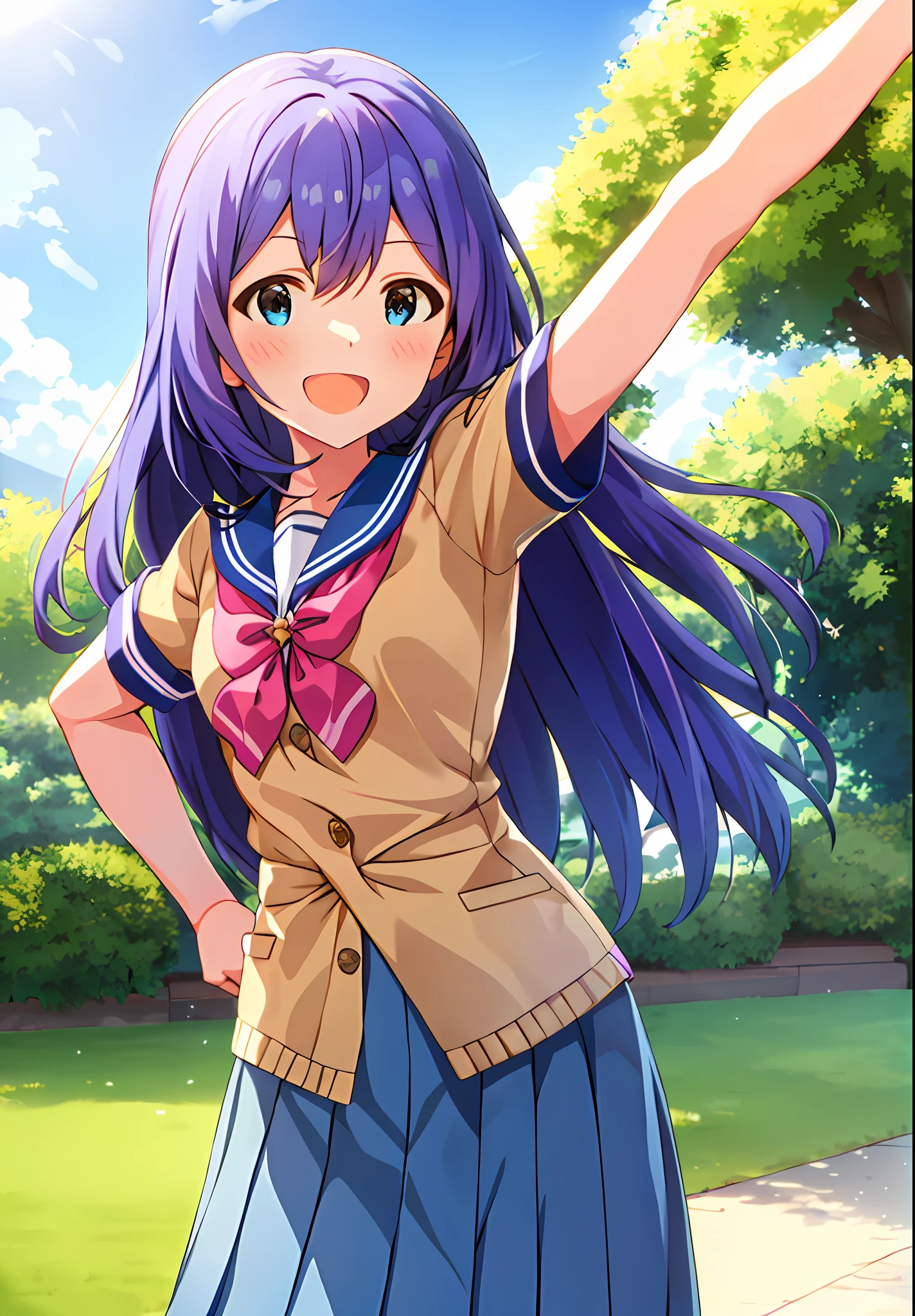 Anna Mochizuki (Million Live), Shiny Trinity \ (Costume), (Best Quality, 8K, Masterpiece, Super Detail: 1.2), Sea, Sun, Mottled Sunlight, Blue Sky, Beautiful Clouds, 1 Girl, Solo, Skirt, Smile, Open Mouth, V, Watch Viewer, White Sailor Color, Blue Shirt, Sailor Color, Blue Skirt, Pleated Skirt, Short Sleeve, :d, Shirt, School Uniform, Blush, Serafuk, Clavicle, bow, ribbon, blue bow. (((Put your hands on your hips and stretch your chest))).