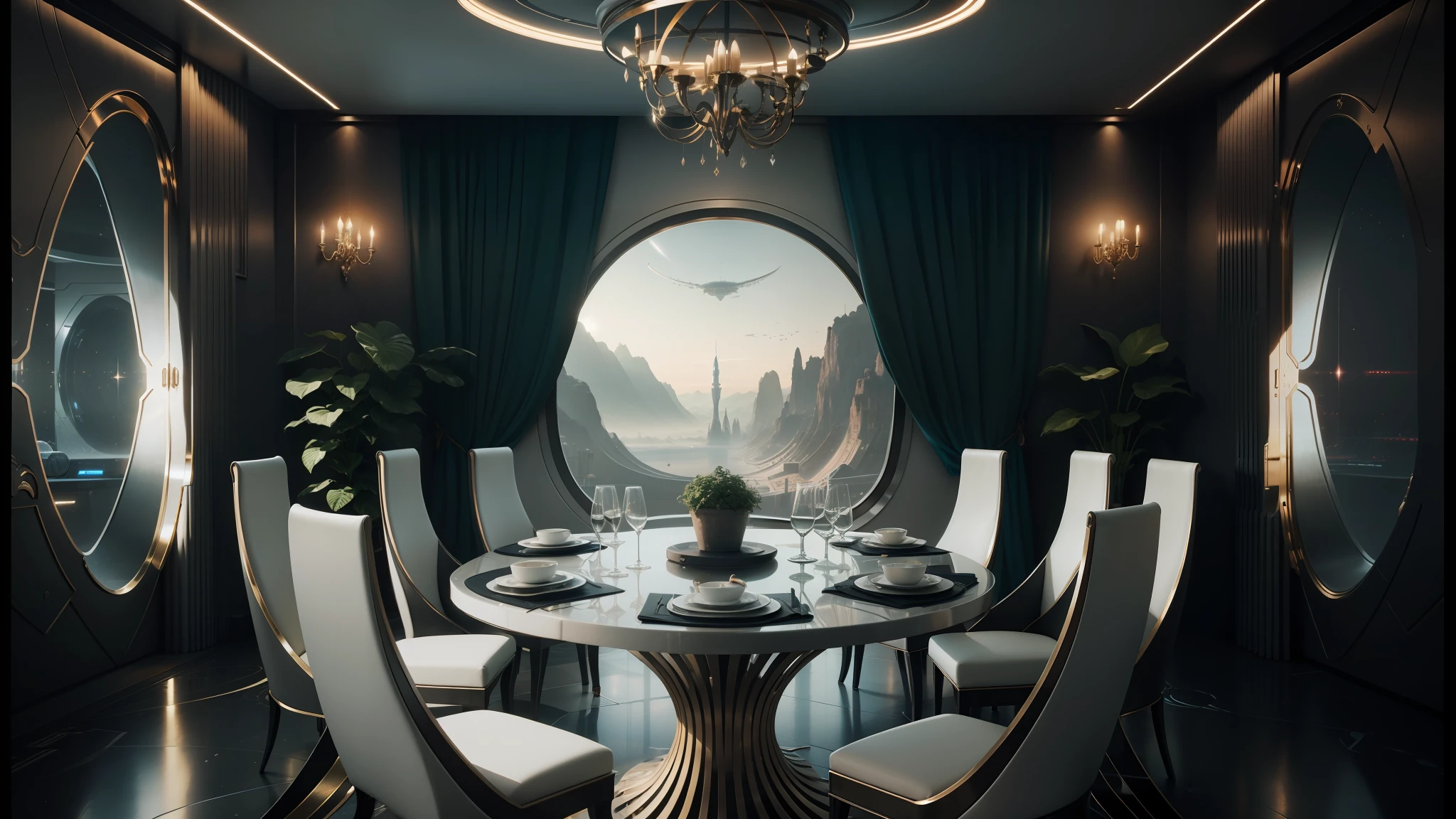 there is a dining room with a round table and chairs, futuristic interior, futuristic room background, futuristic decor, cgsociety 9, futuristic persian palace, sci - fi interior, retro futuristic apartment, futuristic. game cg, futuristic environment, futuristic room, futuristic decoration, fantasy space, futuristic palace, outer space environment, solarpunk cantine, high tech space ship interior --auto --s2