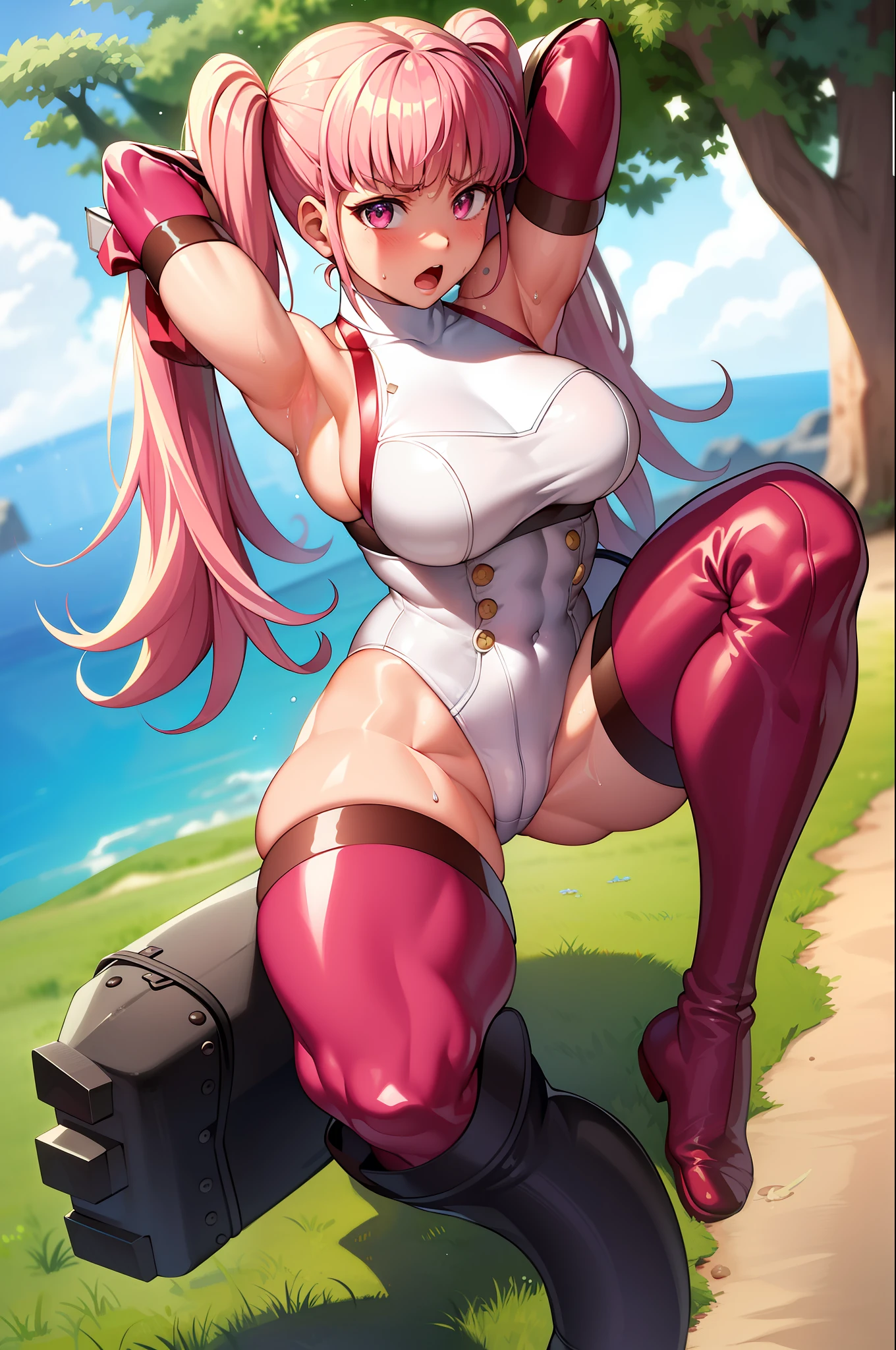 (masterpiece, best quality:1.2), cowboy shot, solo, 1girl, hilda valentine goneril, surprised, angry, looking at viewer, twintails, white latex leotard, pink elbow gloves, pink open toe thighhighs, squatting, arms behind head, pov, wet skin, sweat, abs, muscular