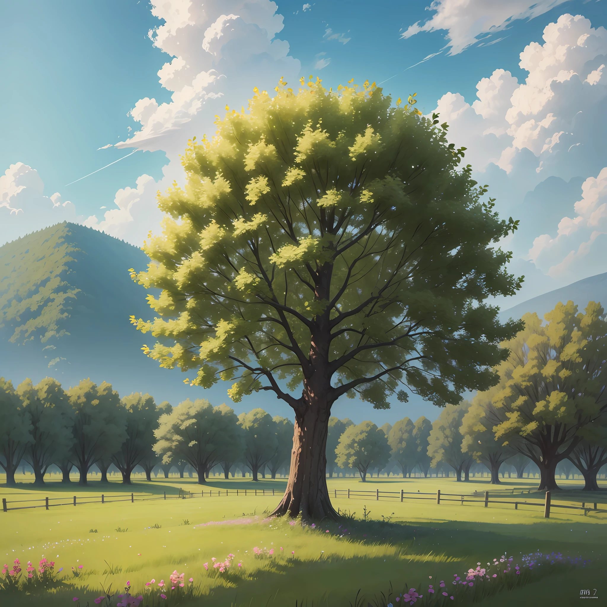 This is an orchard, the apple trees in it have not yet grown, they are saplings more than a meter high, and the leaves are sparse. There are green grass and small flowers on the ground, the weather is clear, the sky is blue, and there are small squirrels frolicking in the orchard. --auto --s2