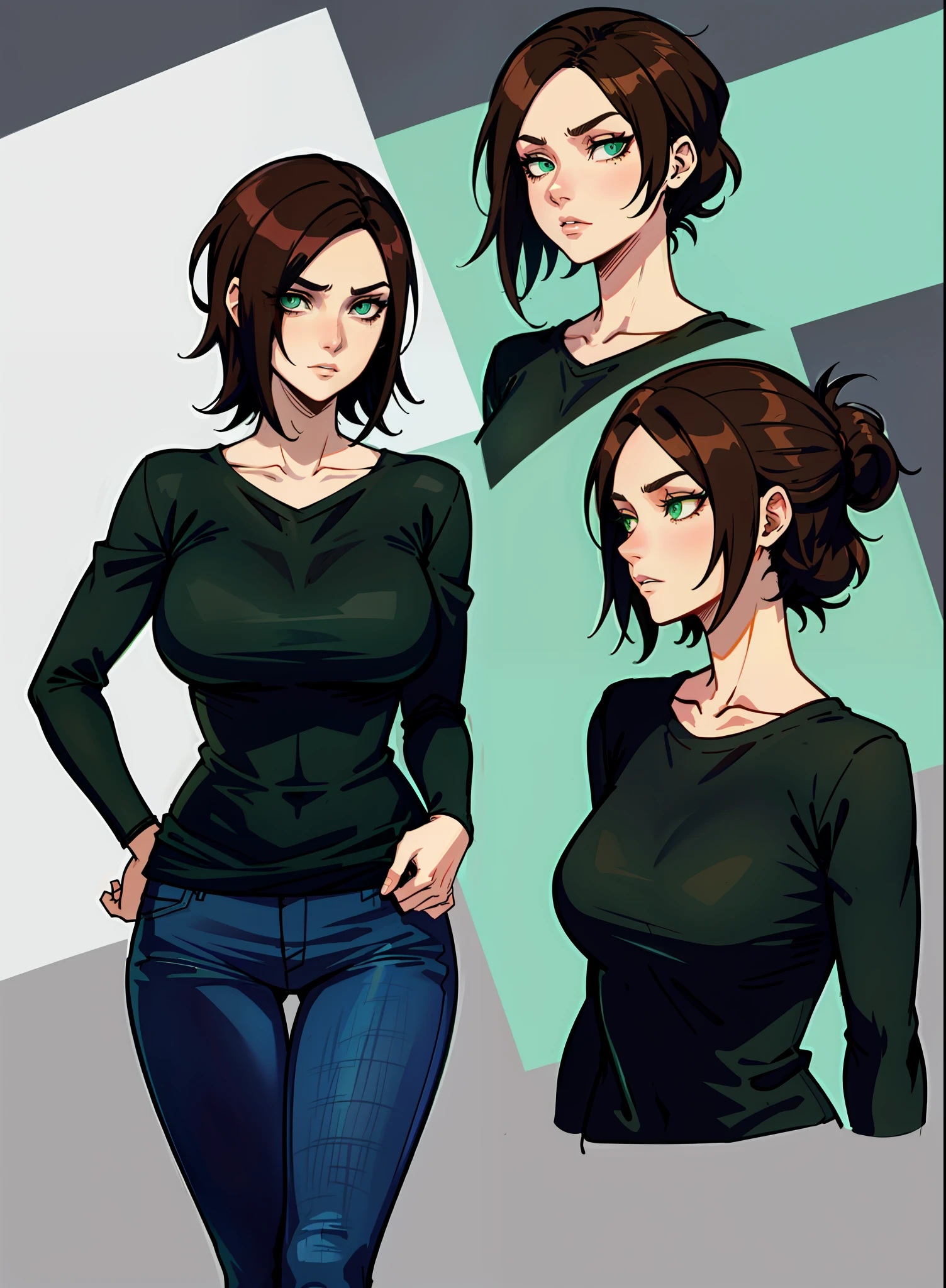 anime character of a woman with a black shirt longsleeve and blue jeans, short brown hair, neck length, green eyes, a digital painting inspired by Tomer Hanuka, trending on pixiv, serial art, heavy gesture style closeup, full body details, wearing casual clothes, style anime, anime style hyper detailed, anime style character, striking detailed artstyle, realistic artstyle, clean detailed anime style, modern anime style, Brown Hair