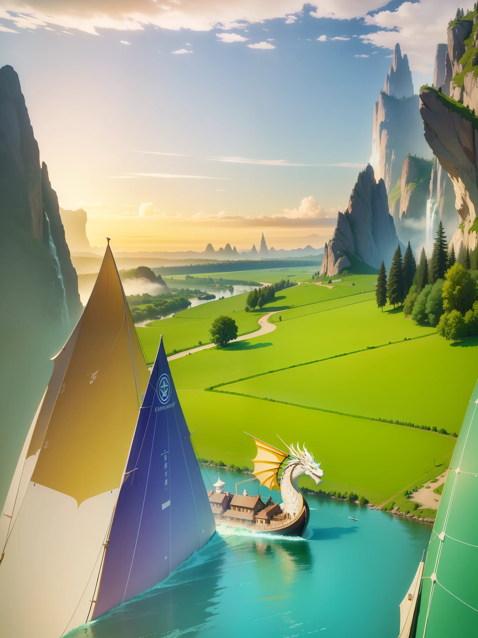 Simulation style, Chroma V5, nvinkpunk, (very detailed CG unified 8k wallpaper), majestic river, mountains and rivers on both sides of an idyllic landscape painting, sunny blue sky and white clouds, green mountains and green water, Chinese dragon boat rowing slowly sailed out, in the distance is the village cooking smoke, further away is the field mood labor award-winning photography, chromatic aberration, detailed, HDR, Bloom, Monet-style images, Pissarro and Sisley, fashion trends on ArtStation, Fashion trends on CGSociety, the art of midjourney --auto --s2