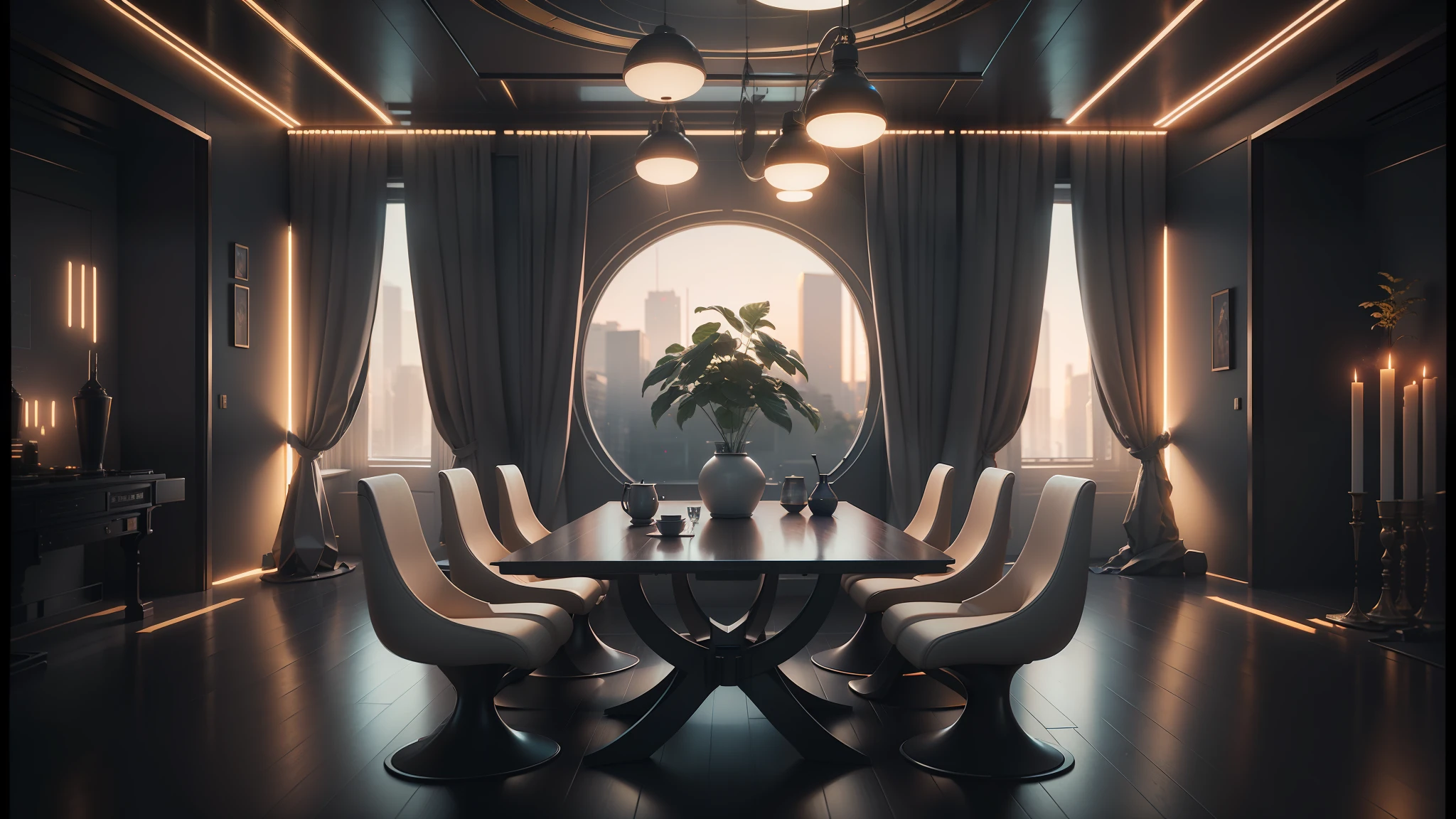 there is a table with chairs and a vase on it in a room, cgsociety 9, futuristic. game cg, jessica rossier color scheme, future science fiction. game cg, cgsociety unreal engine, by Mike Winkelmann, futuristic room background, unreal engine cinema4d, cinematic render unreal engine, beeple and mike winkelmann --auto --s2
