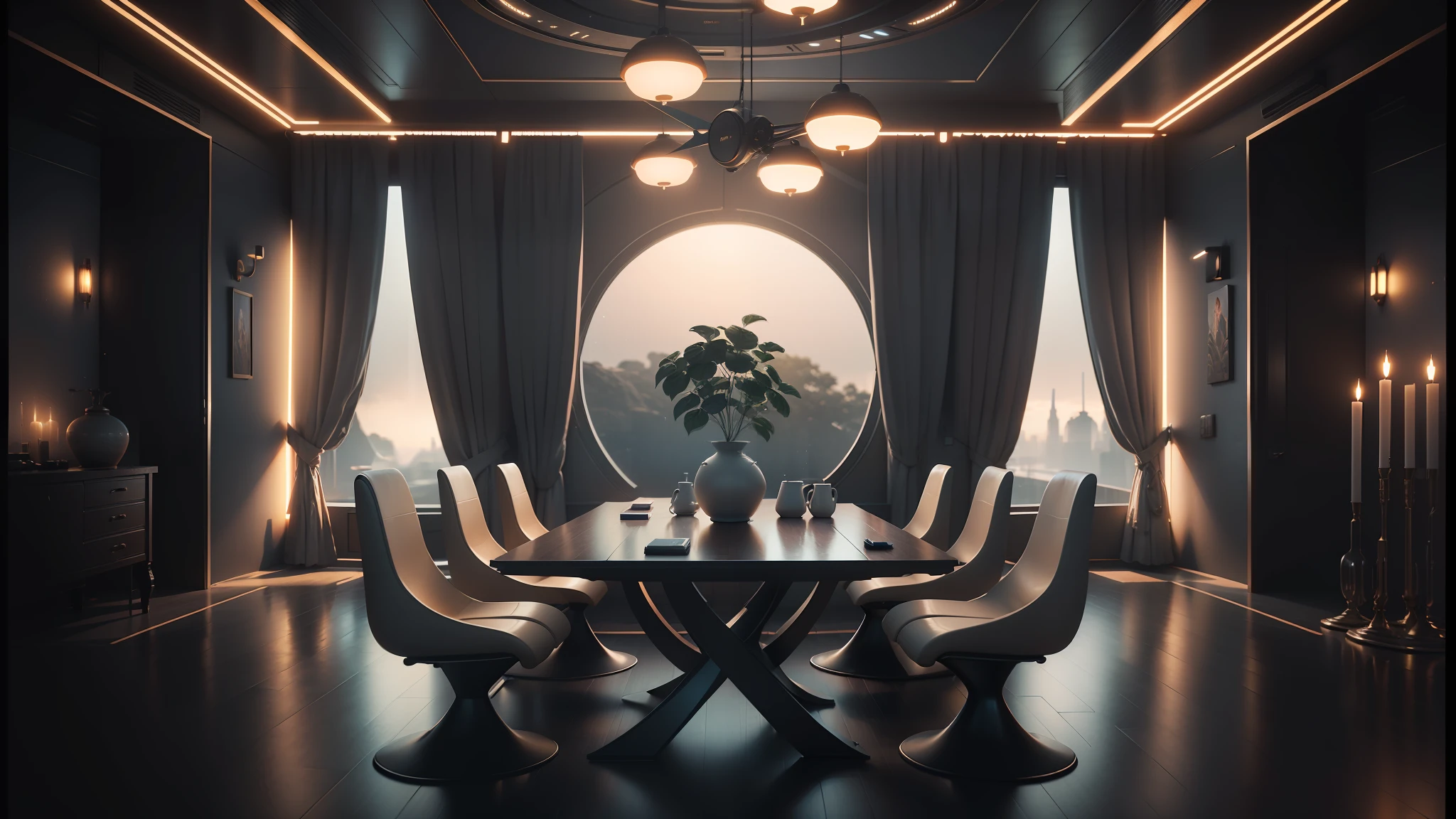 there is a table with chairs and a vase on it in a room, cgsociety 9, futuristic. game cg, jessica rossier color scheme, future science fiction. game cg, cgsociety unreal engine, by Mike Winkelmann, futuristic room background, unreal engine cinema4d, cinematic render unreal engine, beeple and mike winkelmann --auto --s2