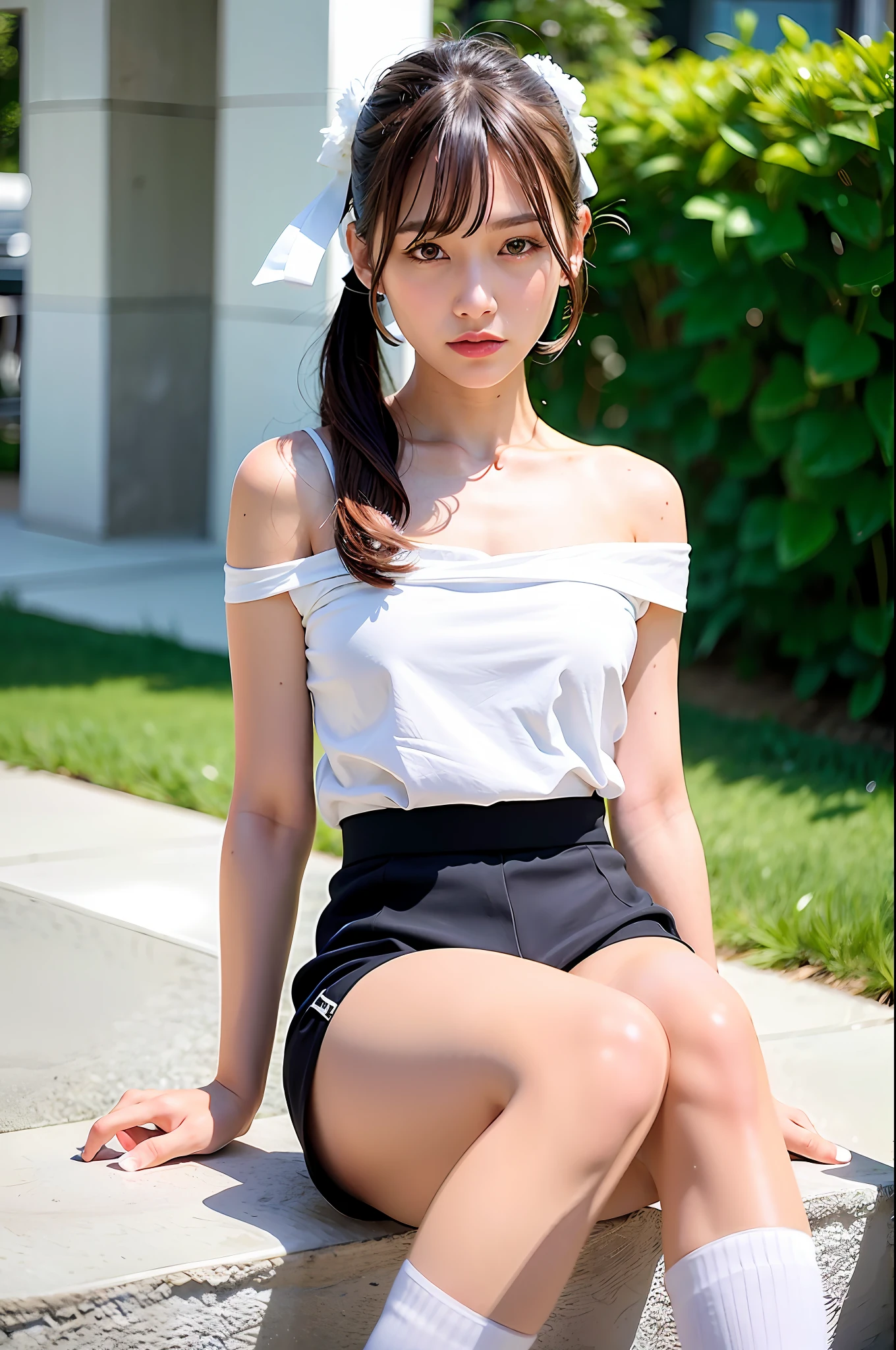Top quality, ultra high resolution, (photorealistic: 1.4), 1 girl, off-shoulder white shirt, looking at the viewer, close-up, elongated legs, small, dazzling light, 15 years old, smooth ponytail, beautiful legs, shiny skin, navel, best lighting, (white stockings with garter belt, thighs), young face, shopping street, white ribbon on head, black shorts