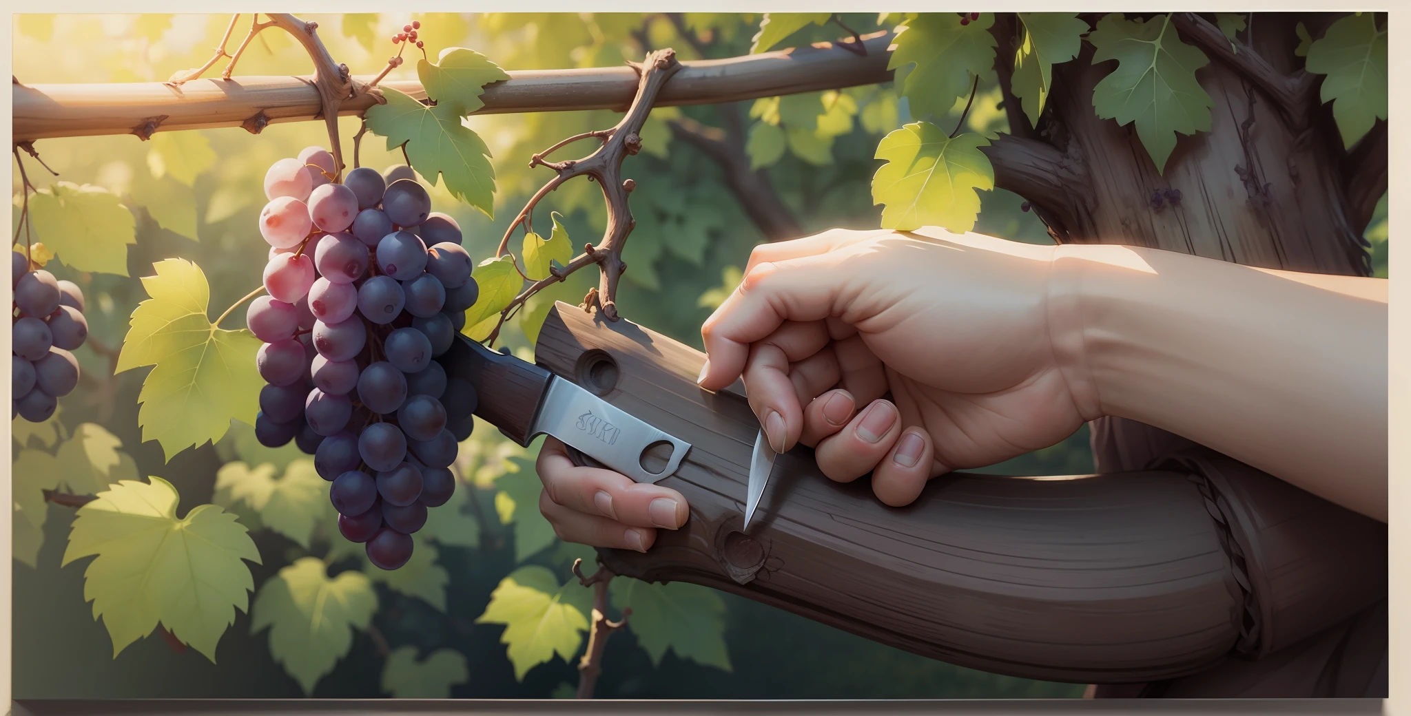 Hand closeup, someone is harvesting a grape branch with a knife, vineyard, Illustration, modern watercolor, lighting, 4K --auto --s2