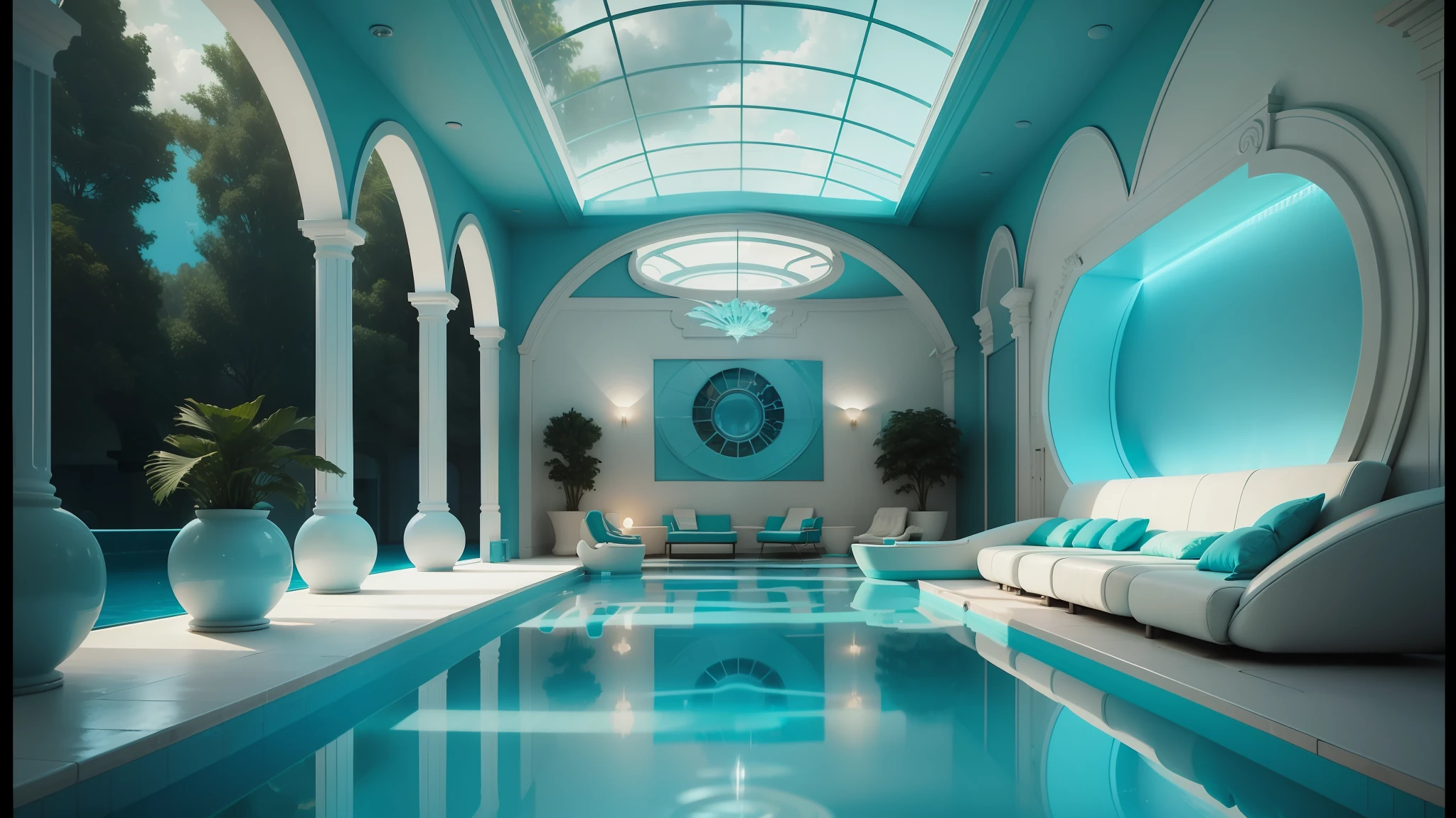 a close up of a pool in a room with a skylight, vaporwave mansion, futuristic room background, dream pool, teal lighting, futuristic room, blue and cyan scheme, indoor pool, ambient teal light, futuristic decor, beautiful 3 d rendering, turquoise color scheme, futuristic interior, glowing hue of teal, cgi rendering, a pool inside the giant palace --auto --s2