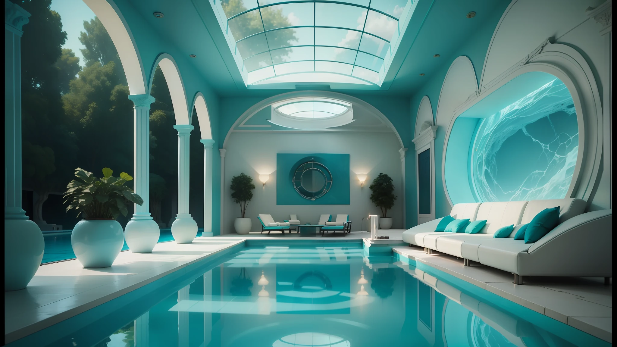 a close up of a pool in a room with a skylight, vaporwave mansion, futuristic room background, dream pool, teal lighting, futuristic room, blue and cyan scheme, indoor pool, ambient teal light, futuristic decor, beautiful 3 d rendering, turquoise color scheme, futuristic interior, glowing hue of teal, cgi rendering, a pool inside the giant palace --auto --s2
