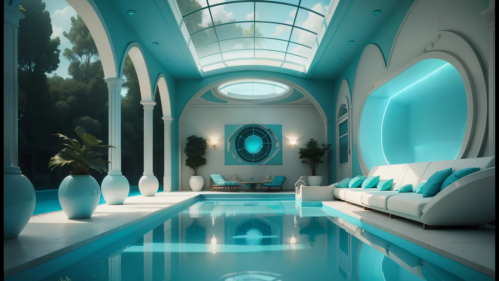 a close up of a pool in a room with a skylight, vaporwave mansion, futuristic room background, dream pool, teal lighting, futuristic room, blue and cyan scheme, indoor pool, ambient teal light, futuristic decor, beautiful 3 d rendering, turquoise color scheme, futuristic interior, glowing hue of teal, cgi rendering, a pool inside the giant palace --auto --s2