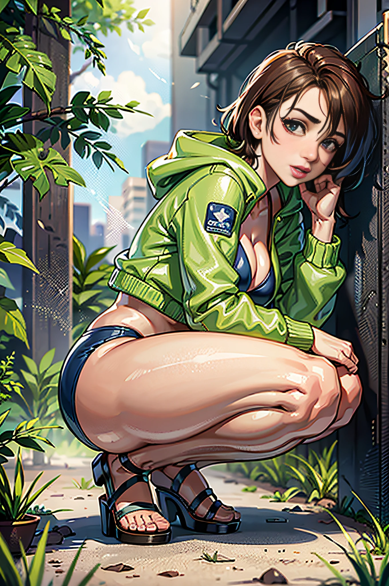 (Best quality: 1.2), a big-breasted young girl in a bikini squatting on the ground with her legs apart