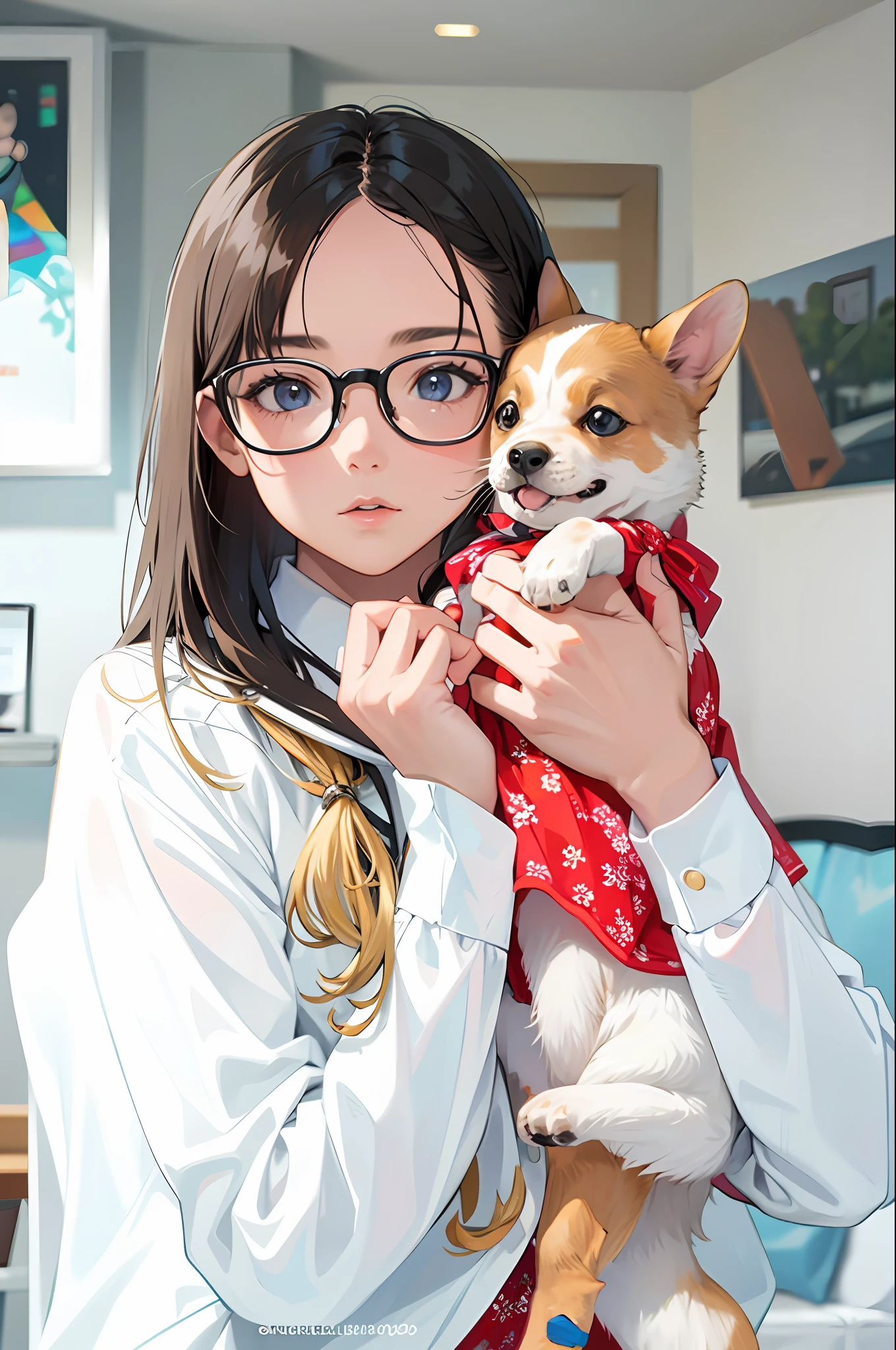 Masterpiece, superlative, girl holding a puppy