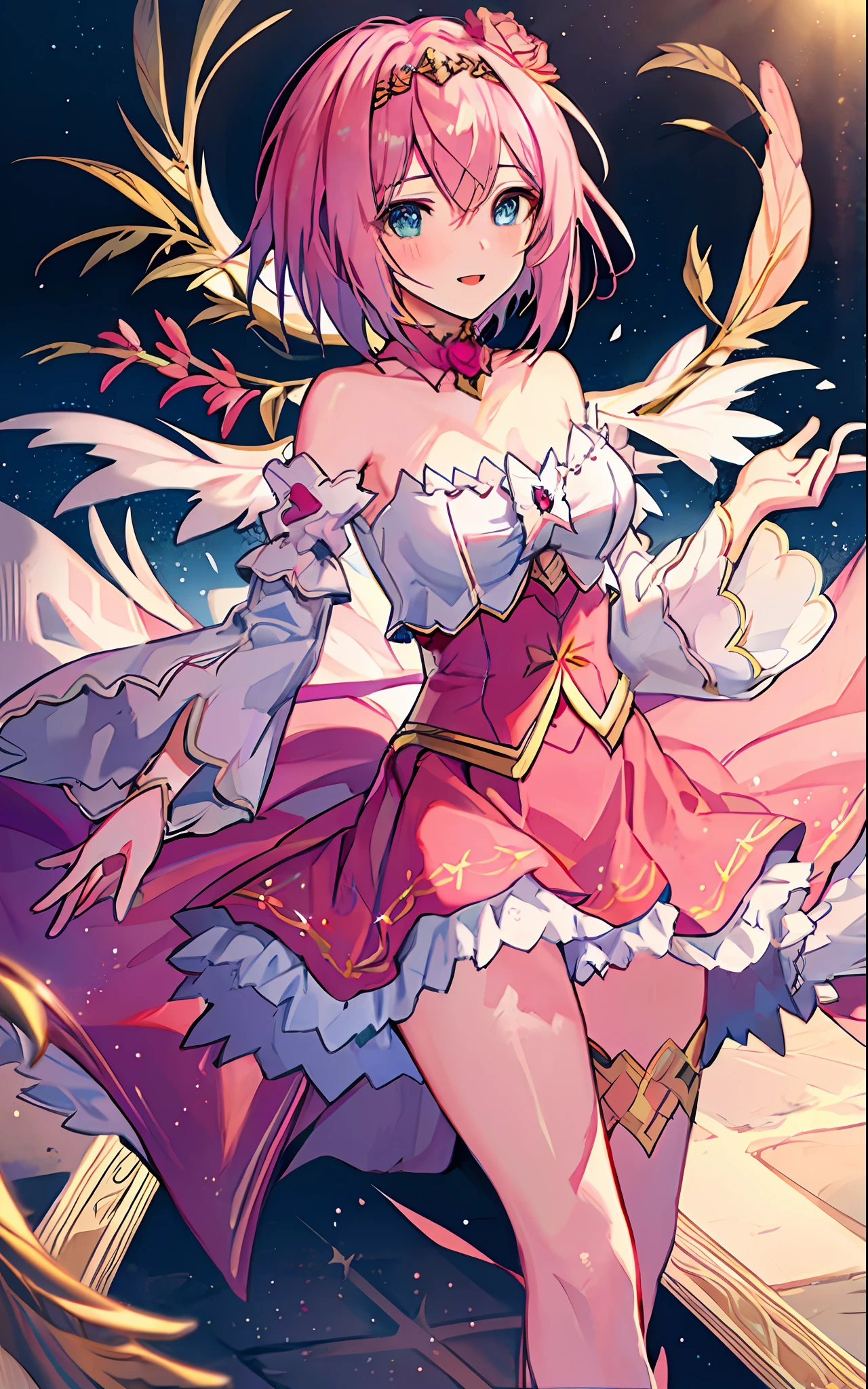 18 year old beautiful girl, masterpiece, best quality, 8K animation, detailed fingers, precise fingers, not unnatural hands, illustration, 1 girl, solo, pink bob cut, gold crown, flower hair ornament, sagging eyes, red mini skirt, YUI