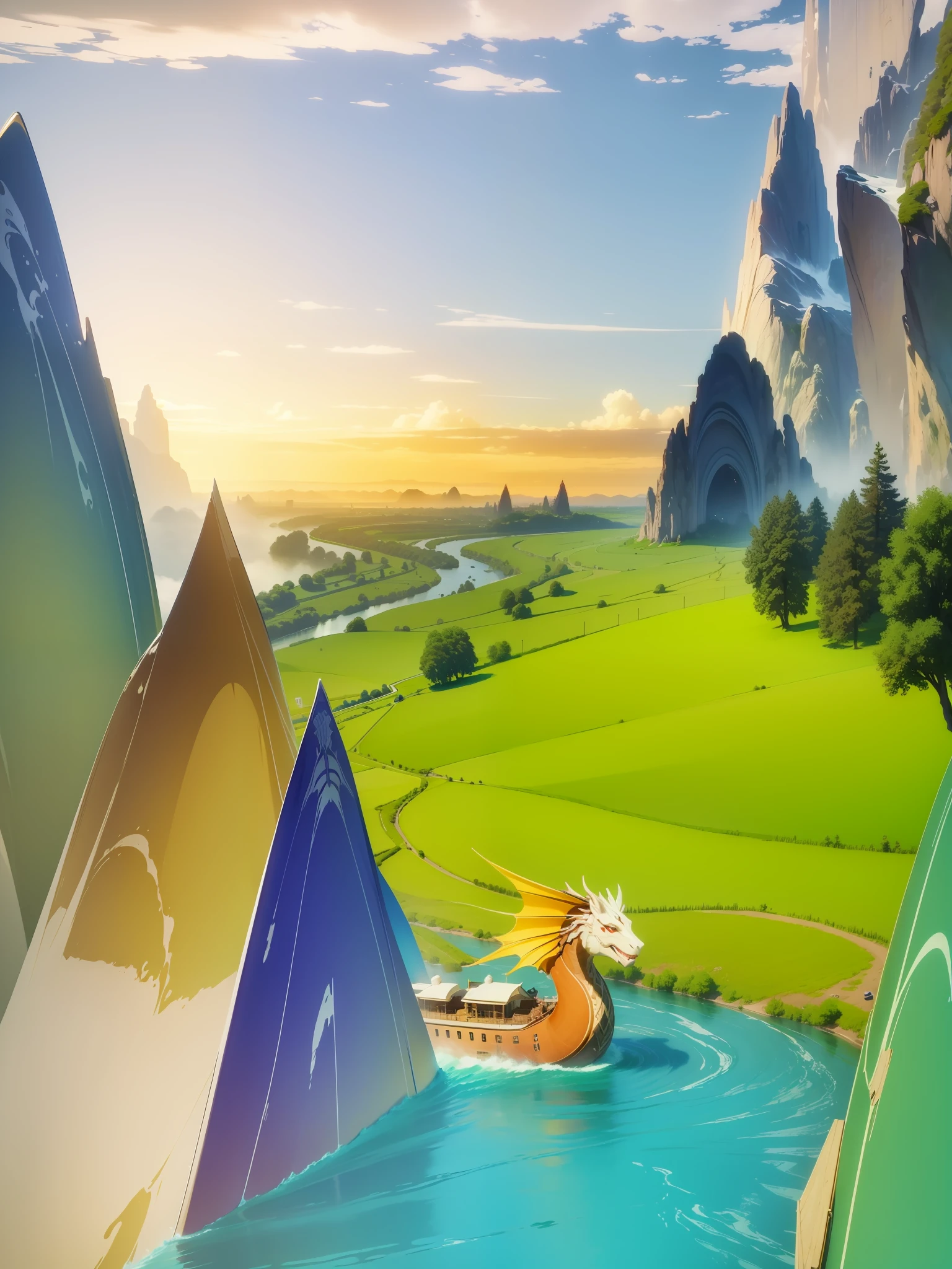 Simulation style, Chroma V5, nvinkpunk, (very detailed CG unified 8k wallpaper), majestic river, mountains and rivers on both sides of an idyllic painting, sunny blue sky and white clouds, green mountains and green water, dragon boats slowly sailing out, village cooking smoke in the distance, field mood labor award-winning photography, chromatic aberration, detail, HDR, Bloom, Monet-style images, Pissarro and Sisley, trends on ArtStation, CGSociety On the fashion trend, the art of midjourney --auto --s2